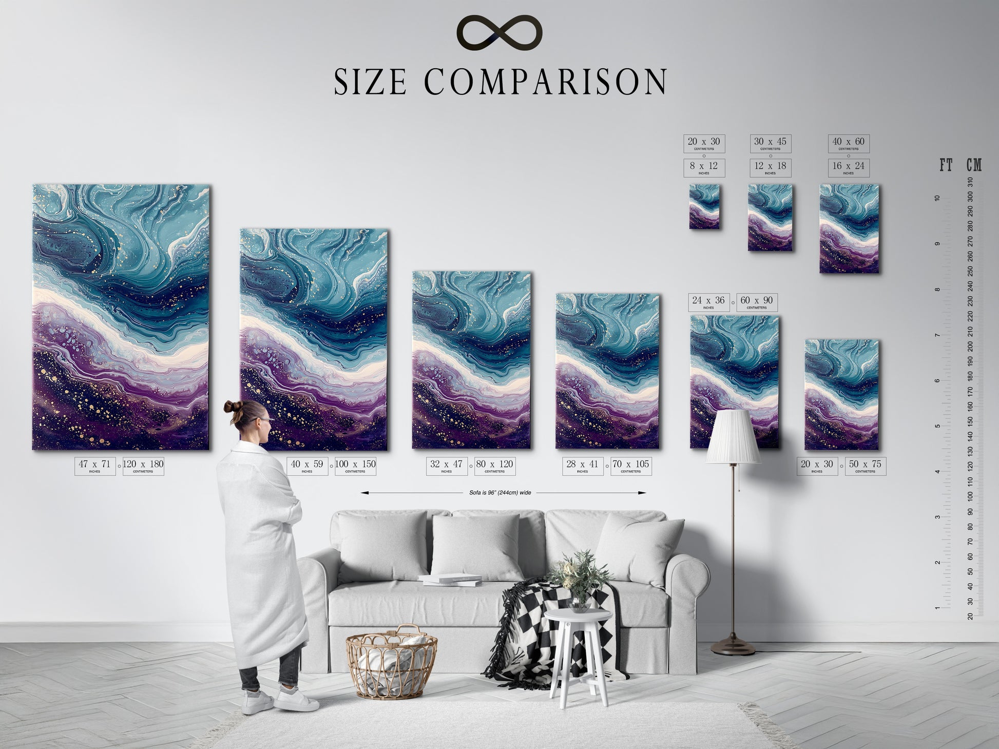 Size comparison chart displayed in an interior setting. It shows various sizes of Abstract Ocean Wave artwork. This chart helps visualize how the teal and purple fluid art fits in your space. Plan your contemporary coastal decor with confidence. This is perfect for bedroom or living room wall art