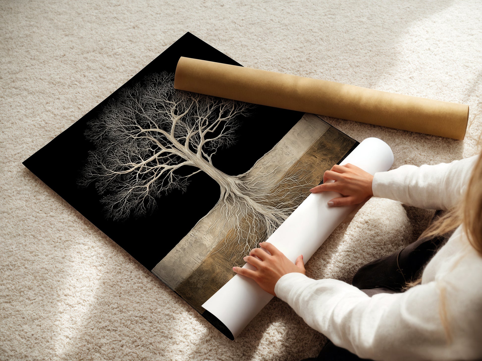 A woman carefully rolls a fine art poster paper of the Tree of Life art. This highlights the care in preparing each print. The fine art poster paper ensures high quality. Perfect for those who appreciate detailed artwork. A spiritual artwork.