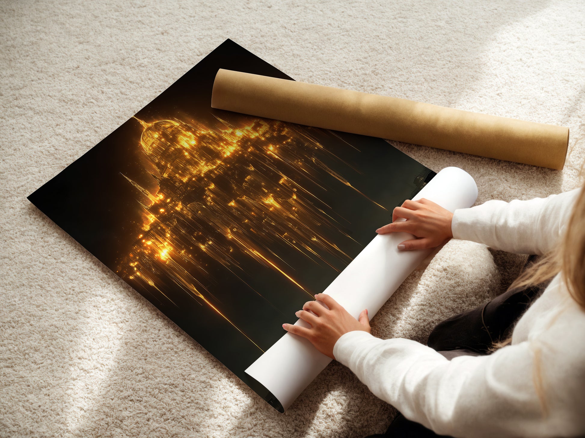 A woman rolls a fine art poster paper featuring gothic cathedral art. This is great mystical wall art to add dark academia decor to your space. See the fantasy architecture and golden light art. Find the perfect cathedral print for gothic wall decor. It is great for study room decor