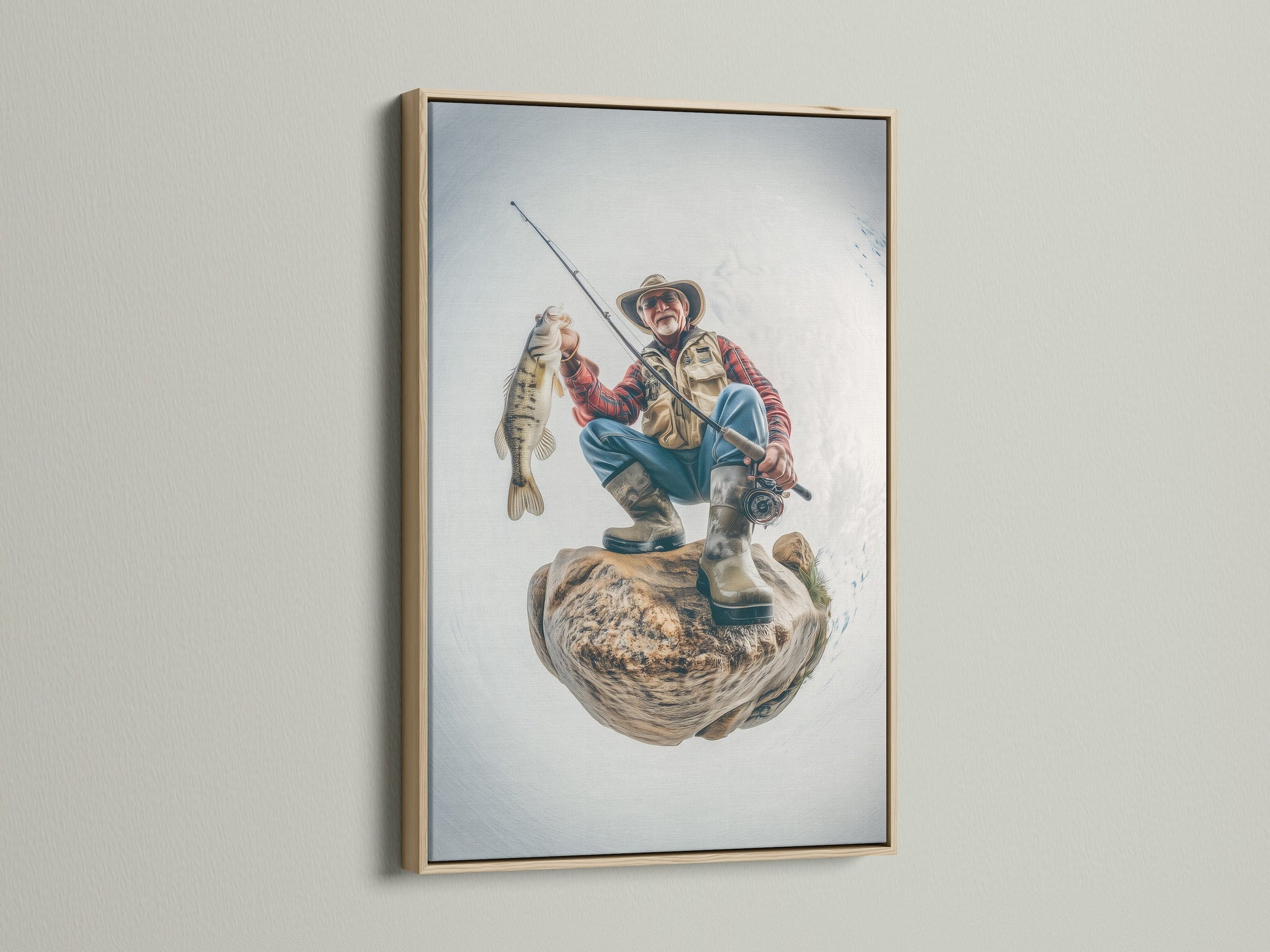 A captivating artwork of a fisherman is presented in an oak frame. The oak frame enhances the artwork's rustic charm. This framed artwork adds warmth and character to any room. Get yours today!