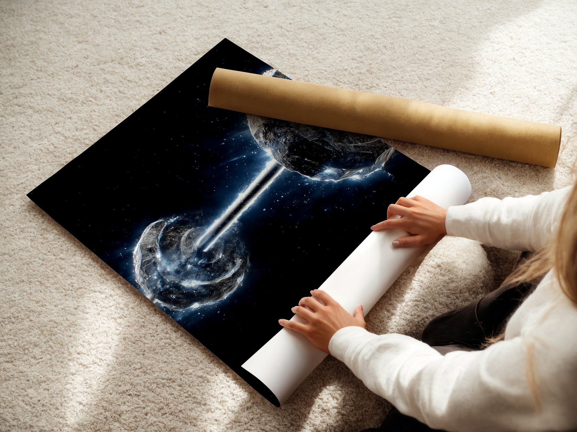 A woman carefully rolls a fine art poster paper of Cosmic Collision. High quality print ensures vibrant colors and details. Ideal for space wall art enthusiasts and art collectors. Ready for framing and display in any room.