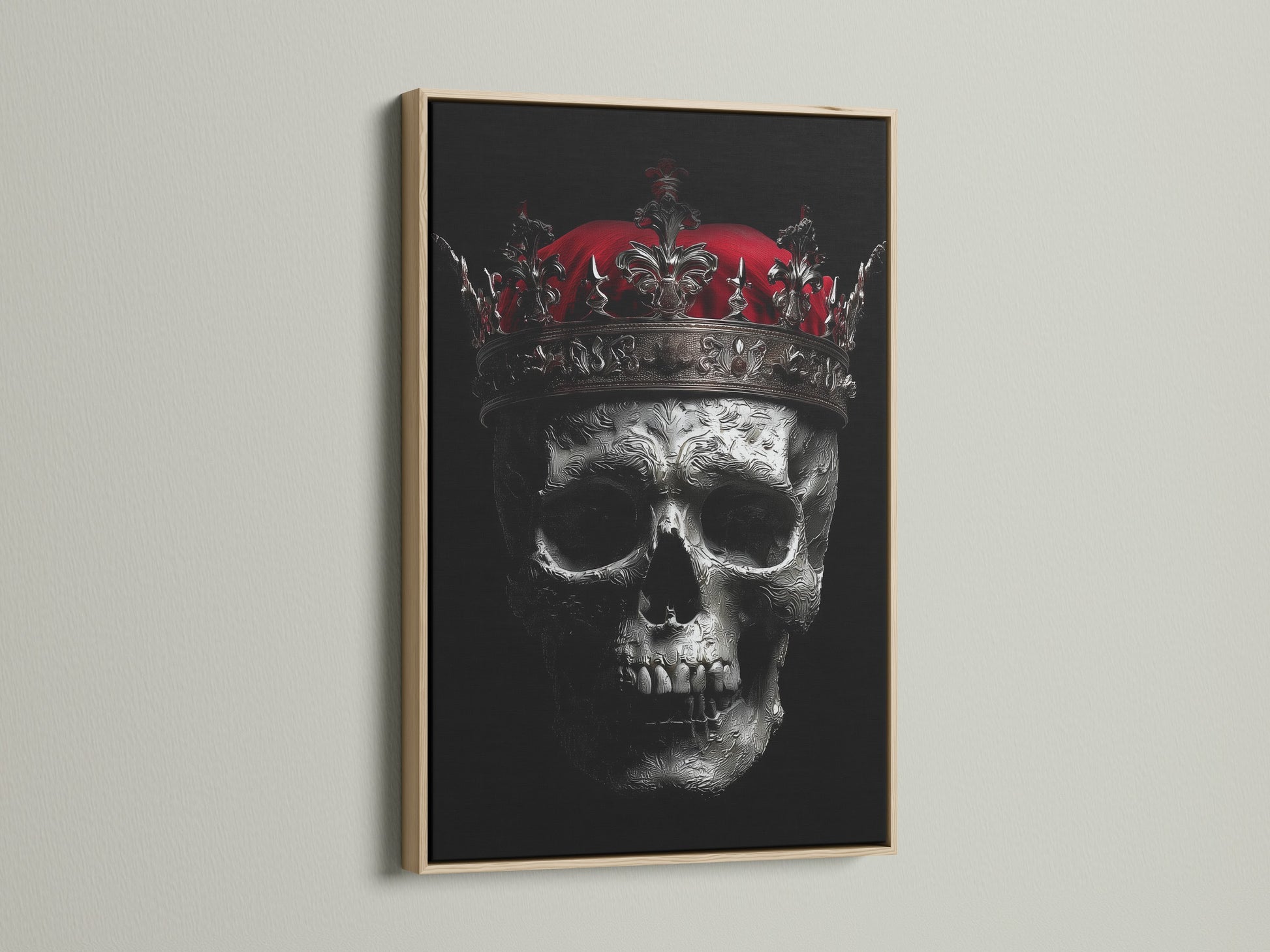 A striking skull king canvas print with a gothic crown in an oak frame. The dark macabre artwork enhances any space. Ideal gothic decor for living rooms bedrooms offices studios tattoo shops and boardrooms. Elevate your space with this wall art.