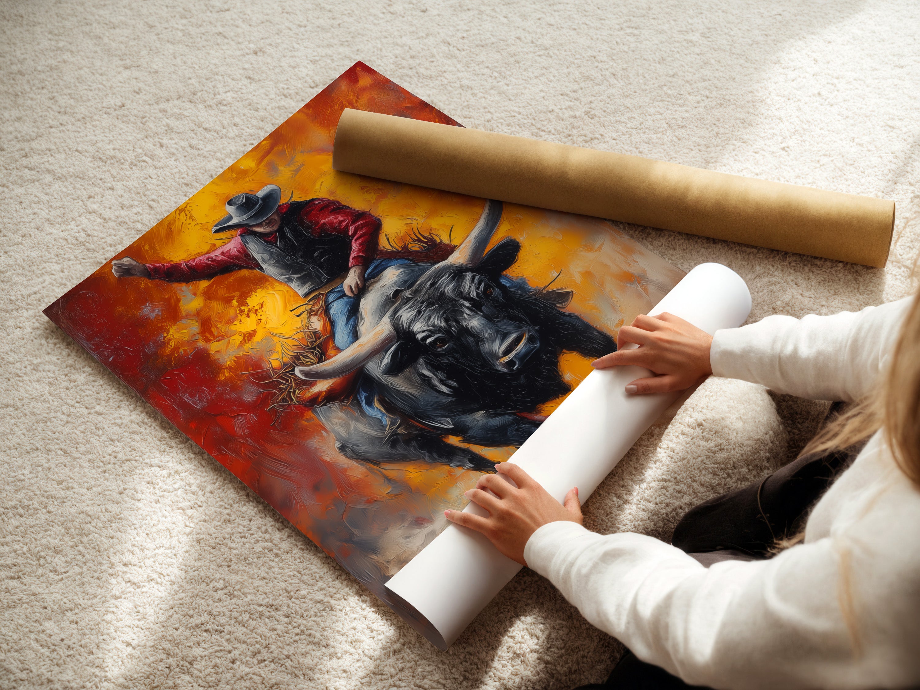A woman is carefully rolling a fine art poster paper. The poster paper is high-quality and archival-grade. We ensure your artwork is preserved for years to come. Our fine art poster paper enhances color vibrancy and detail
