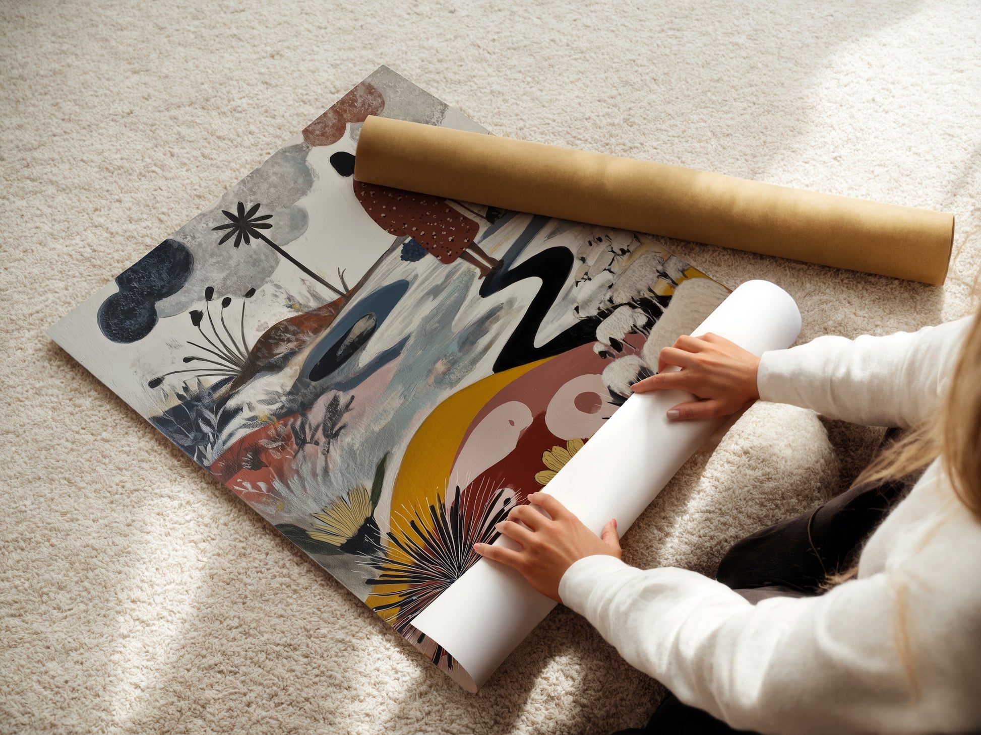 A woman is carefully rolling a fine art poster paper. The poster paper is of high quality ensuring vivid colors. The artwork features a figure walking along a winding path. Sheep graze in a field of flowers. Order your fine art poster today.