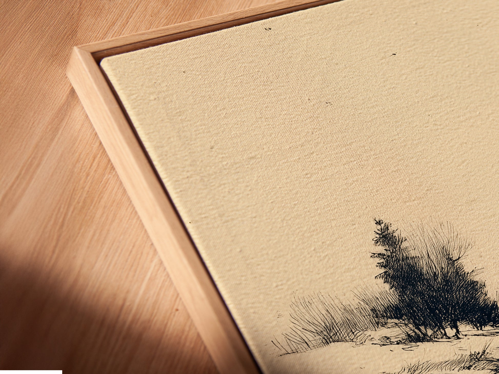 A close-up angled view of a canvas print in a floating frame. Floating frames give a modern touch. The canvas print looks stunning. Explore floating frames for a unique display. Show off your art with pride.