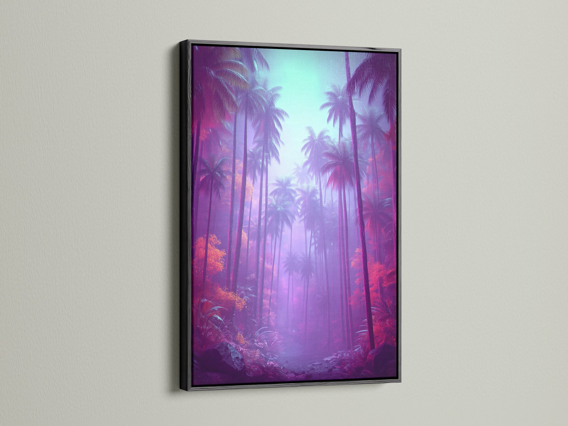 Tropical palm tree artwork in a black frame. The black frame adds a modern touch to this vibrant artwork. Great for living rooms bedrooms offices studios lobbies clinics cafรฉs and boardrooms.