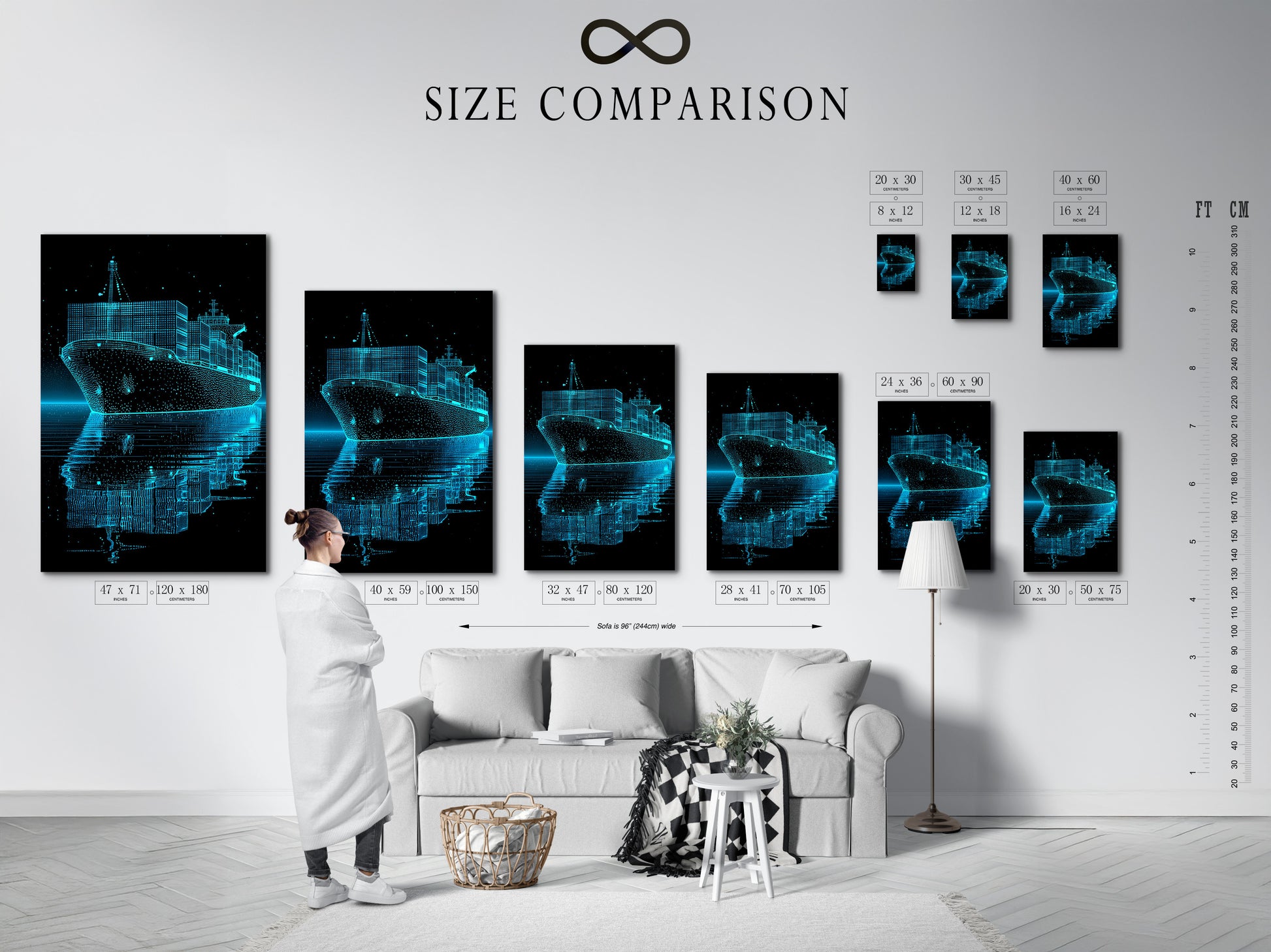 A size comparison chart displayed in an interior setting. The chart provides a visual reference for different artwork dimensions. It helps customers visualize how various sizes will fit in their spaces. The size comparison chart ensures customers select the perfect artwork size.