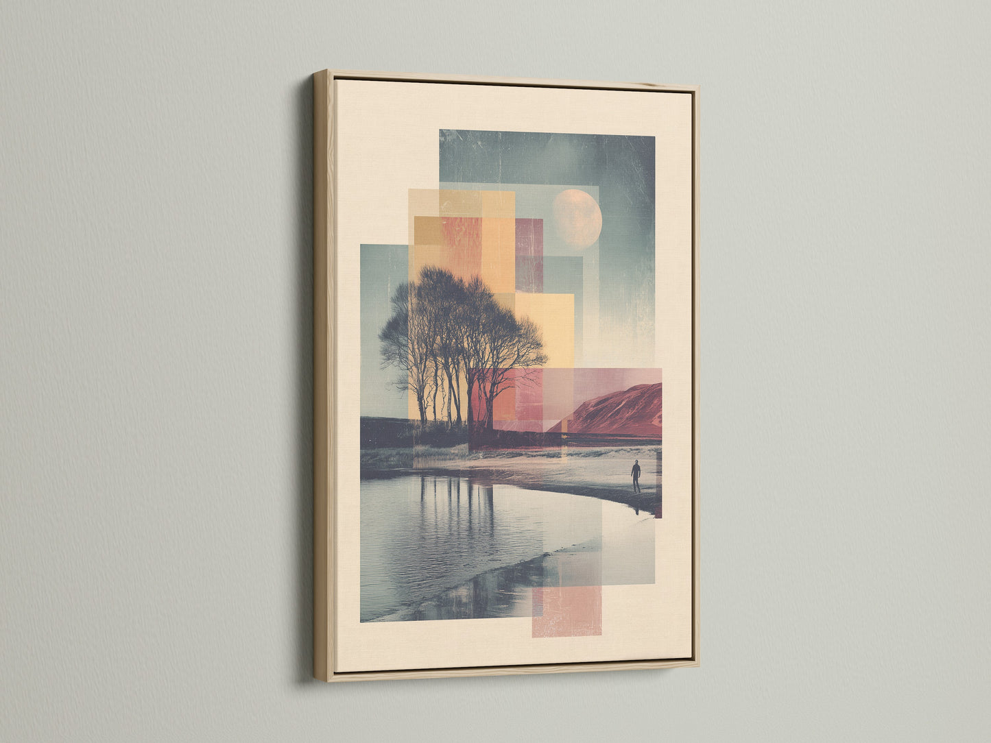 Oak Frame. The artwork features a serene landscape. It has a body of water and trees. The frame is made of high-quality oak. It adds a touch of nature to any room.
