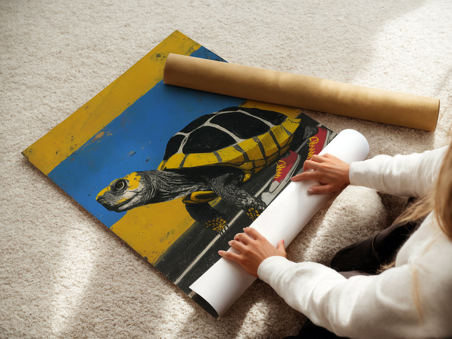 A woman is carefully rolling a fine art poster paper. The artwork is a turtle wearing sneakers. This animal wall art is perfect for adding a quirky touch to your space. Ideal for art enthusiasts seeking unique pieces. This whimsical print features yellow and blue tones.