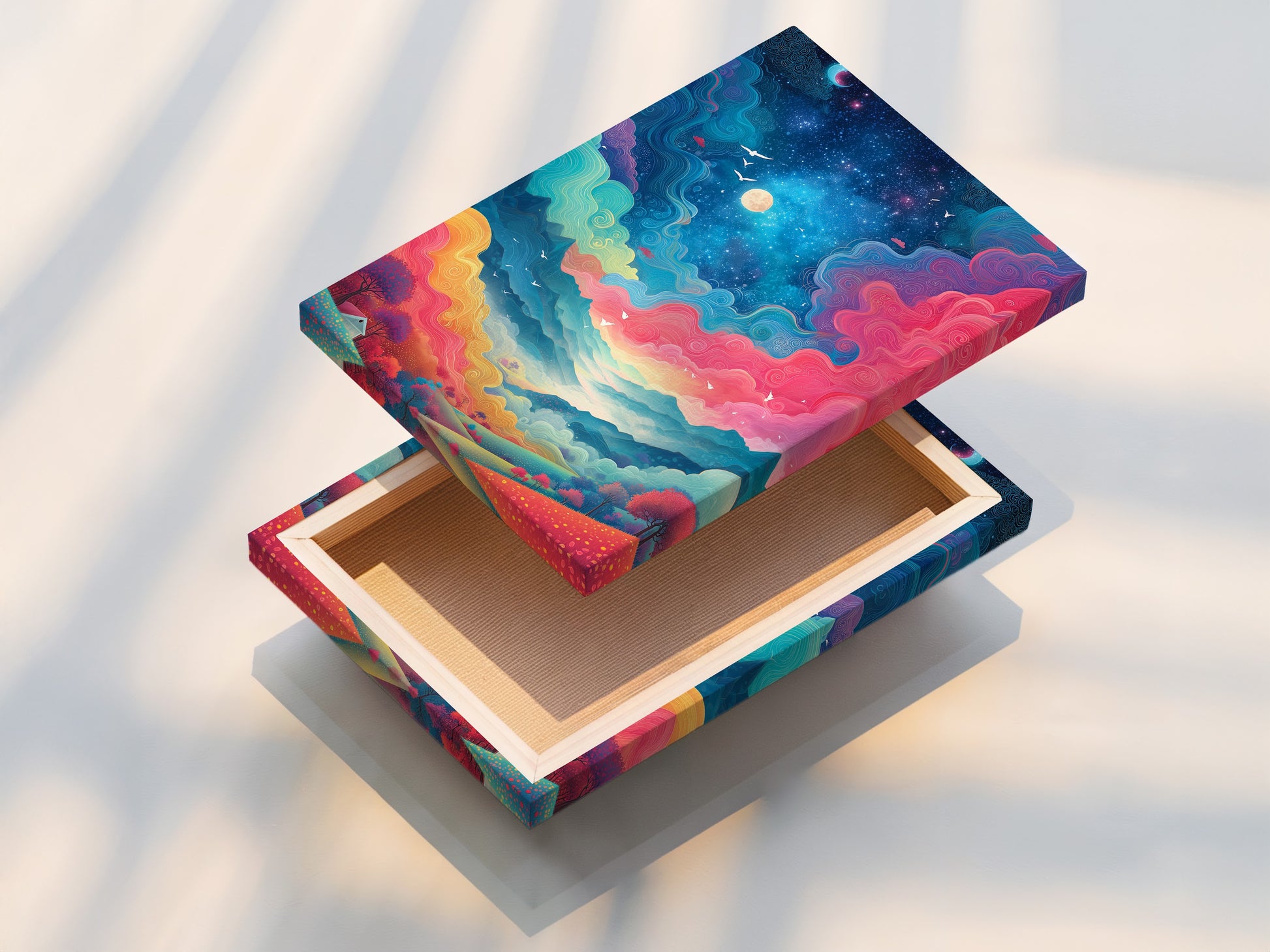 This stretched canvas print showcases a fantasy landscape artwork. The colorful sky wall art is ready to hang. The artwork features pink teal and yellow colors. This art enhances any living space with a modern touch. Perfect for home decor.