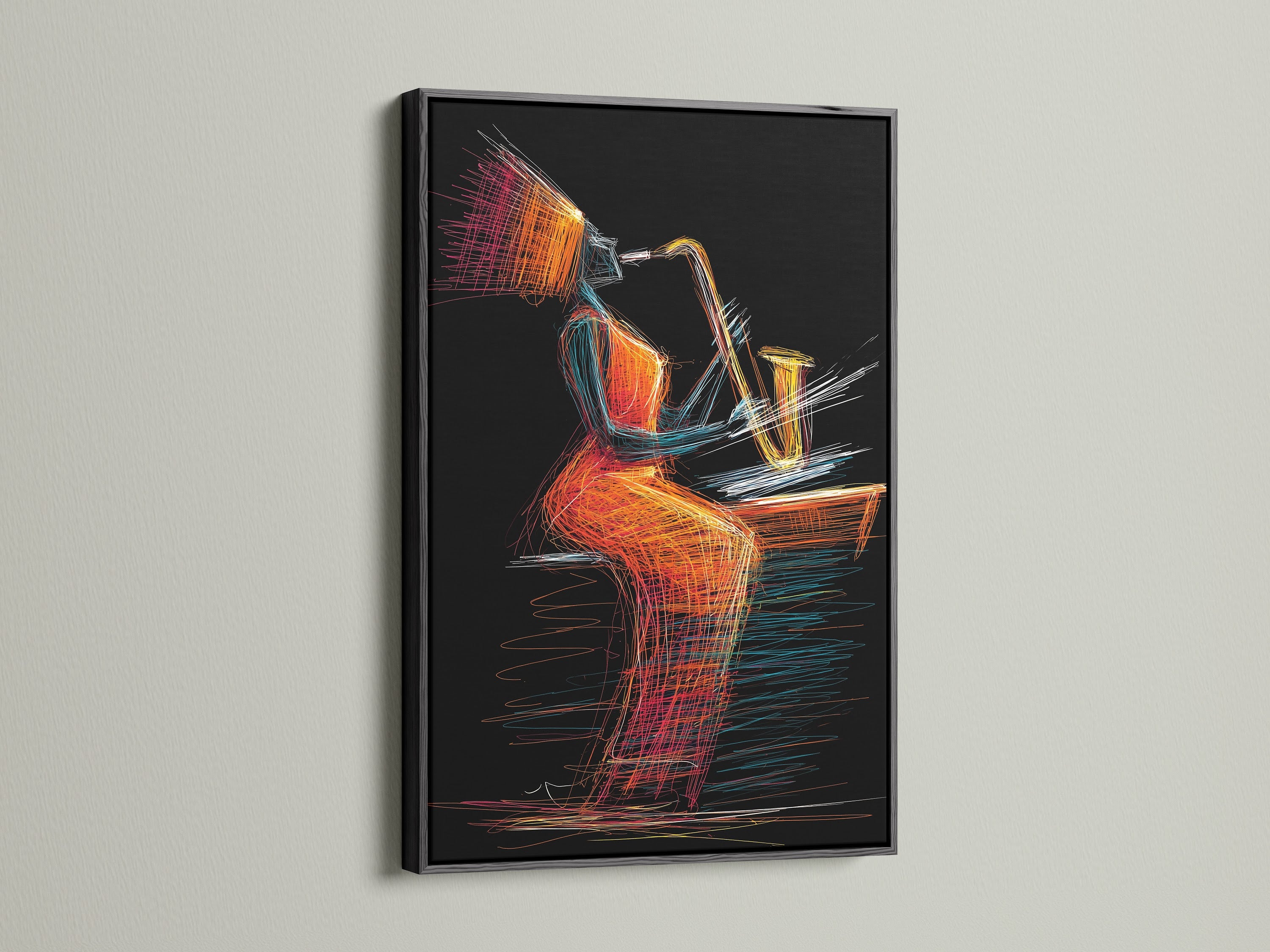 A black frame highlights the abstract music wall art of a jazz saxophone player. This colorful line art print is perfect for adding a touch of modern art to any space. Elevate your music room decor with this musician art.