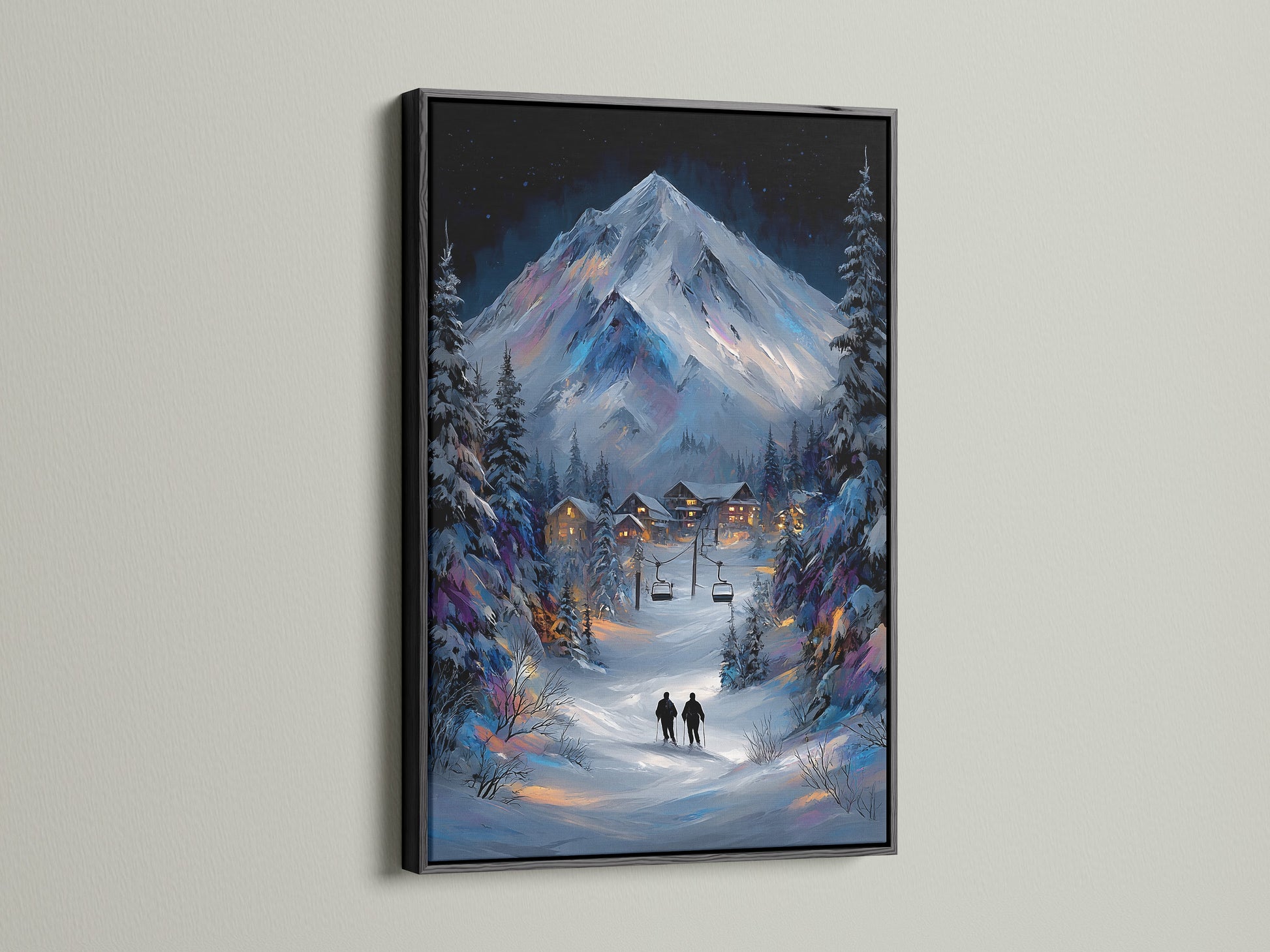 Add a touch of sophistication with a black frame. This winter mountain canvas artwork is perfect for ski lodge decor. The snowy alpine landscape painting creates a cozy cabin feel. Black frame provides a striking contrast to the winter scene.
