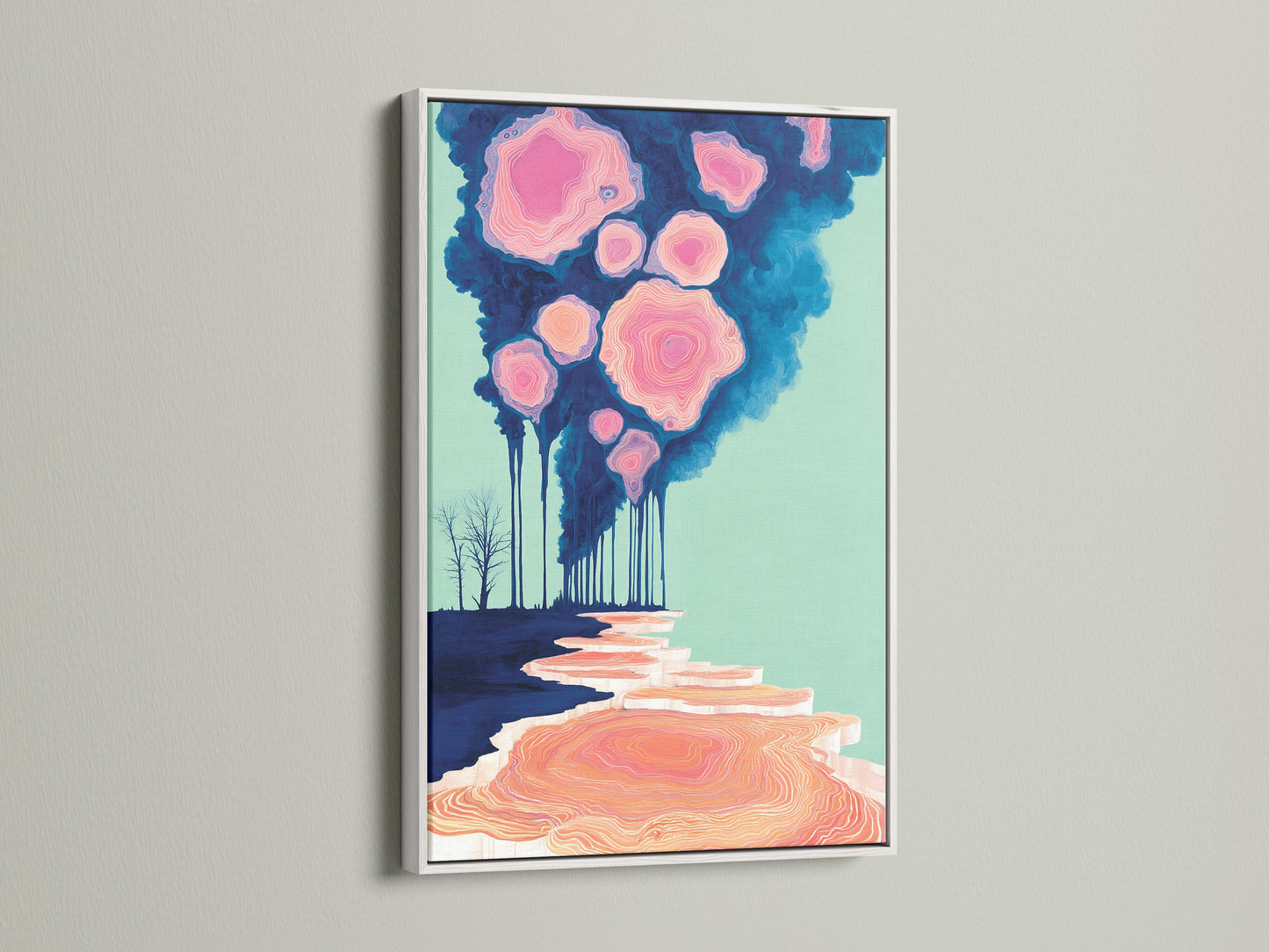 Discover the serene beauty of our surreal landscape artwork featuring a pink cloud forest in a white frame. This abstract nature poster brings a whimsical touch to bedroom wall decor. The white frame offers a clean contemporary look. Ideal for Airbnb hosts and those seeking refined wall decor. Elevate your space with this dreamy artwork.