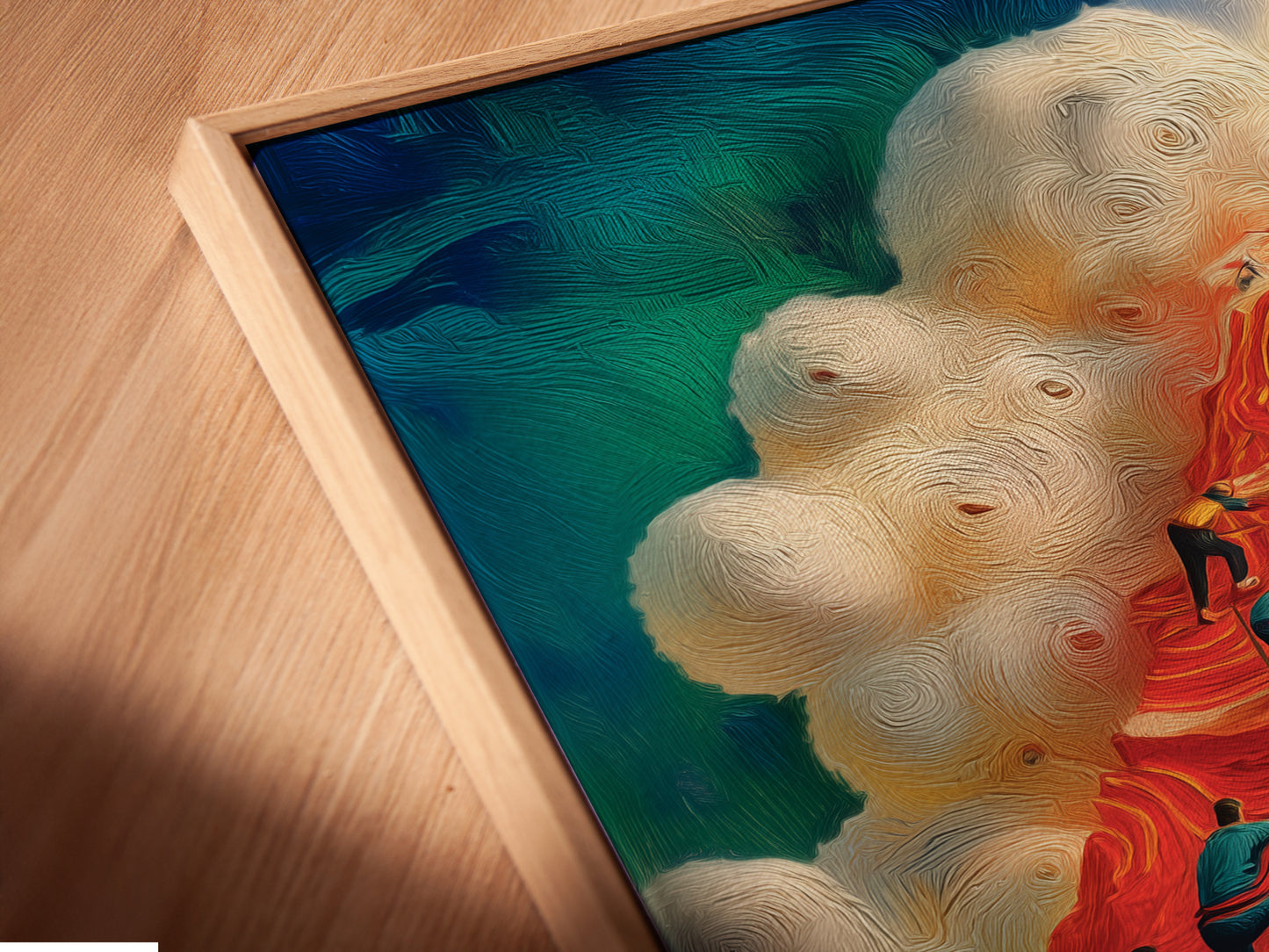 Get a close-up view of the Mountain Climbers canvas print in a floating frame. This modern frame style adds depth and dimension to the artwork. Perfect for showcasing adventure seeker art. Enhance your office wall art with this unique floating frame option. Shop now.