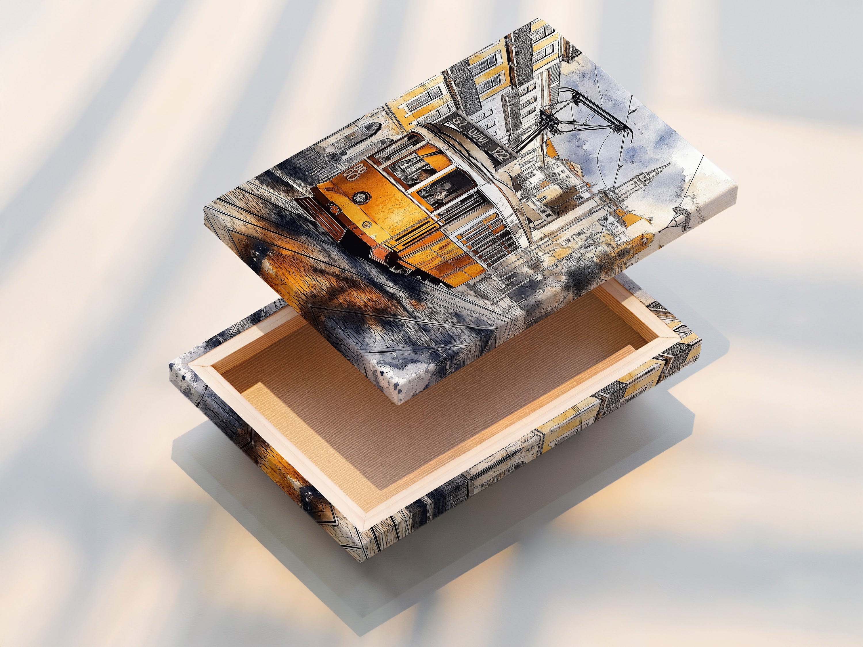 A stretched canvas print displays a vibrant vintage tram in a Lisbon street. The artwork is ready to hang. This European city print brings the charm of Lisbon to your walls. Ideal for adding a pop of color and travel-inspired art to your home or office.