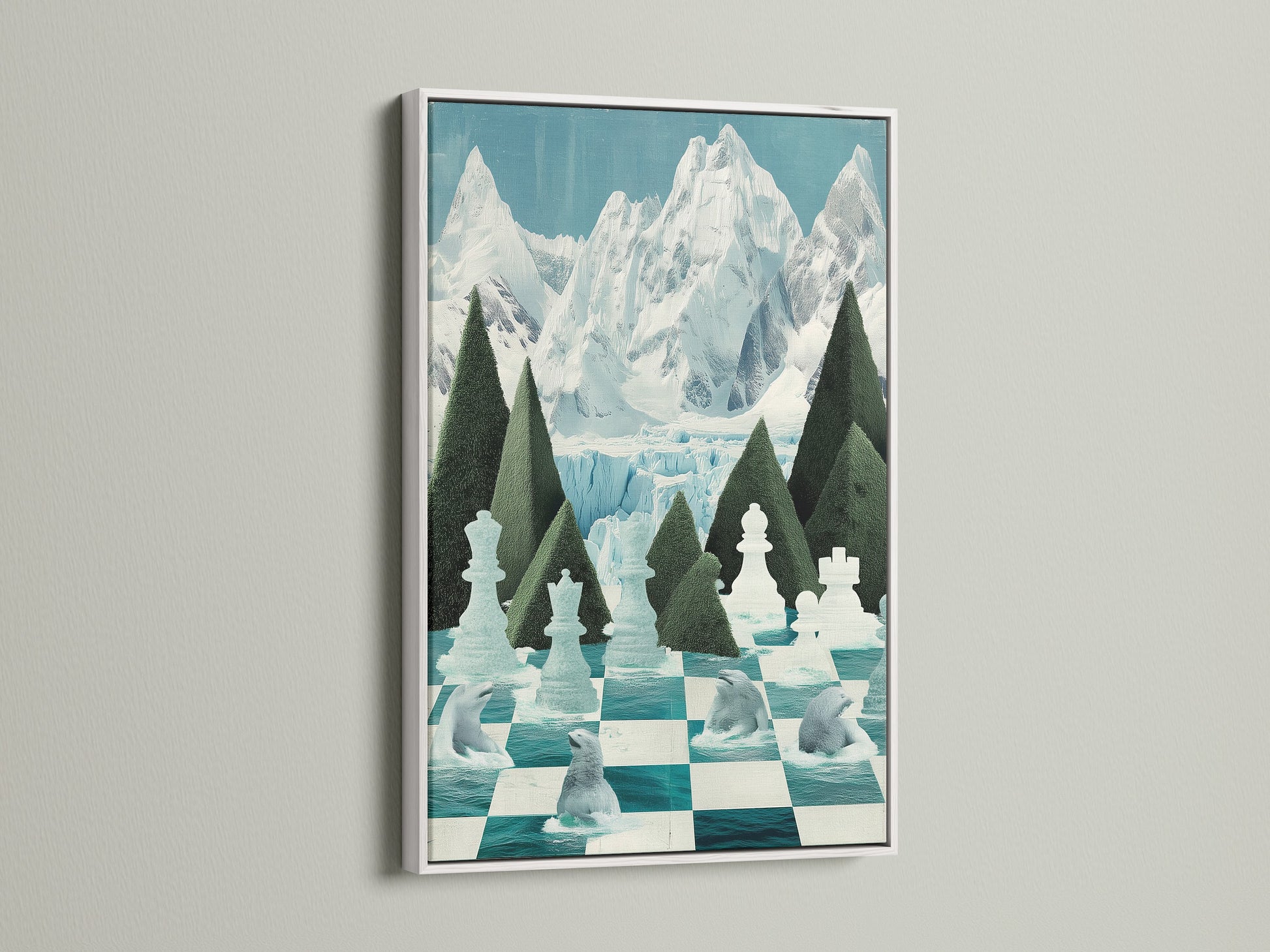 This Chess Arctic Canvas Print is displayed in a white frame. The frame highlights the teal and white hues of the chessboard. The polar bear artwork adds a modern touch to any space. Perfect for adding a cool and calming vibe to your home or office wall decor.