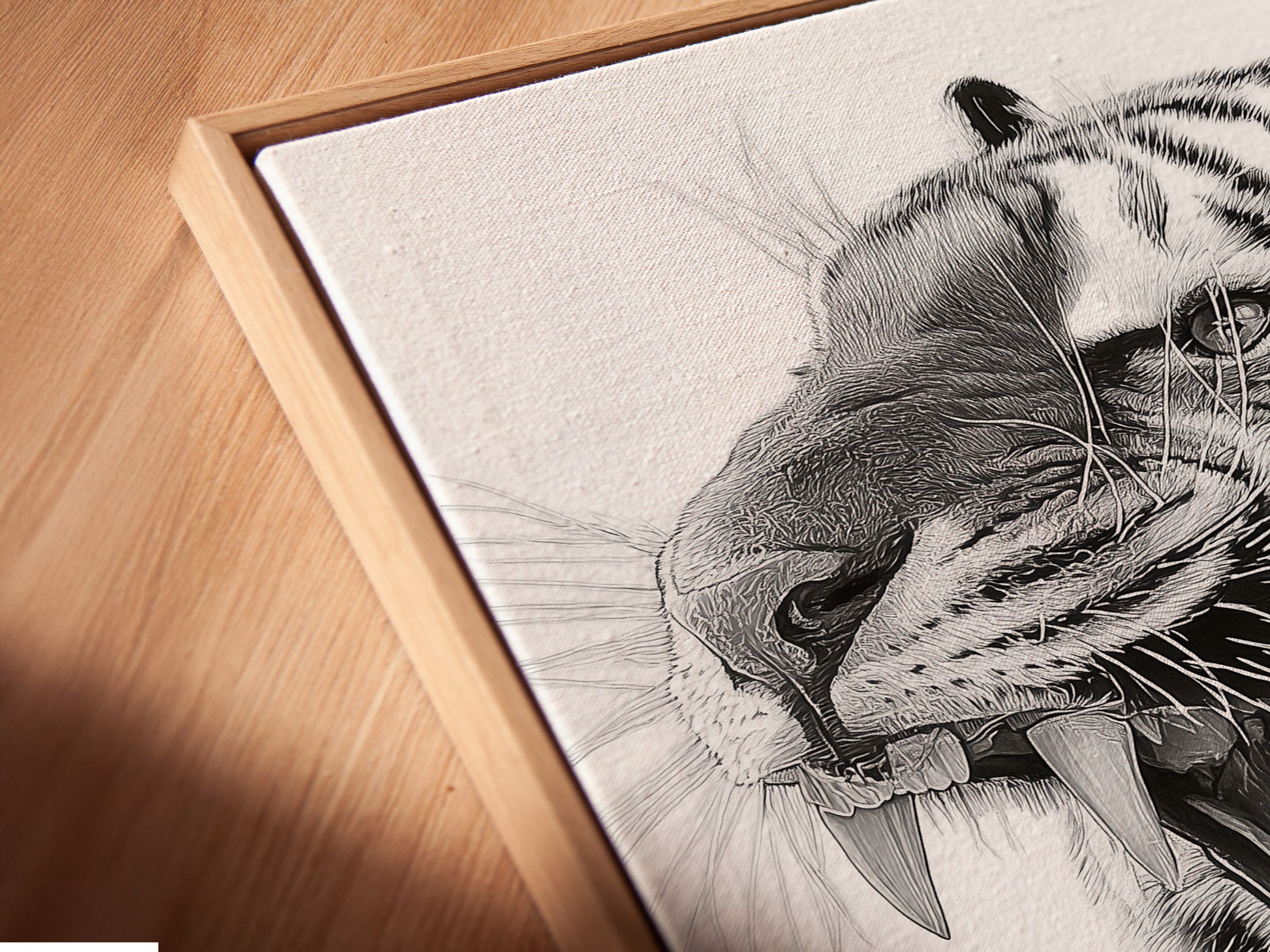 Angled close up of a canvas print in a floating frame. The floating frame creates a modern gallery-like effect. It highlights the edges of the canvas print. A sleek choice for showcasing your favorite artwork. The canvas texture adds depth and dimension to the art.