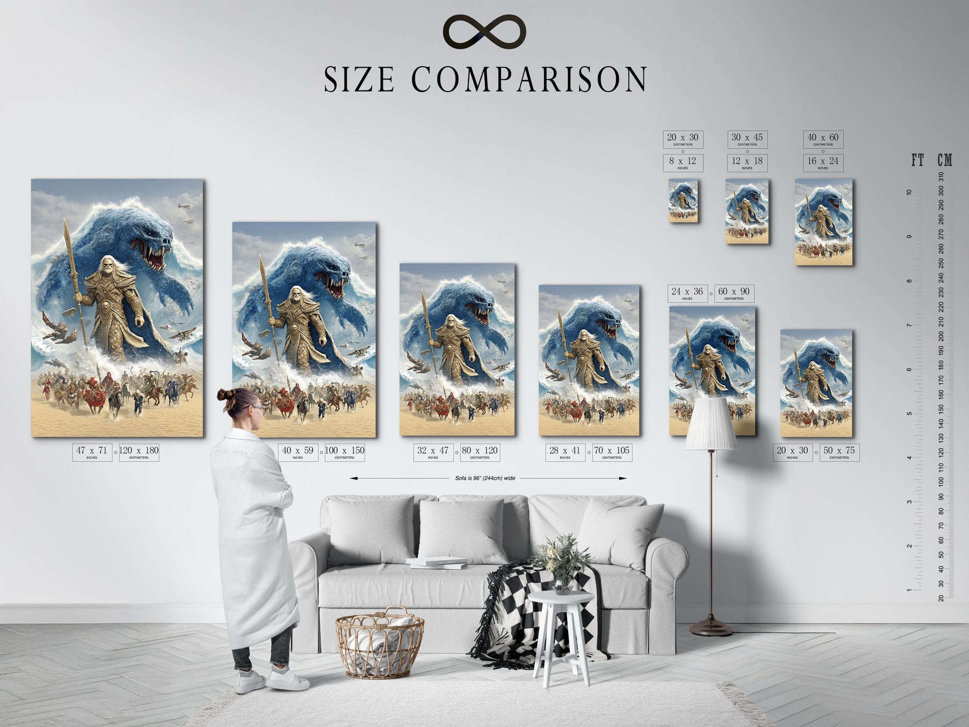A size comparison chart is displayed in an interior setting. This helps visualize how the epic fantasy art print will look in different sizes. The artwork depicts an ancient warrior battling a sea monster. This chart is useful for planning your game room or home theater decor effectively.