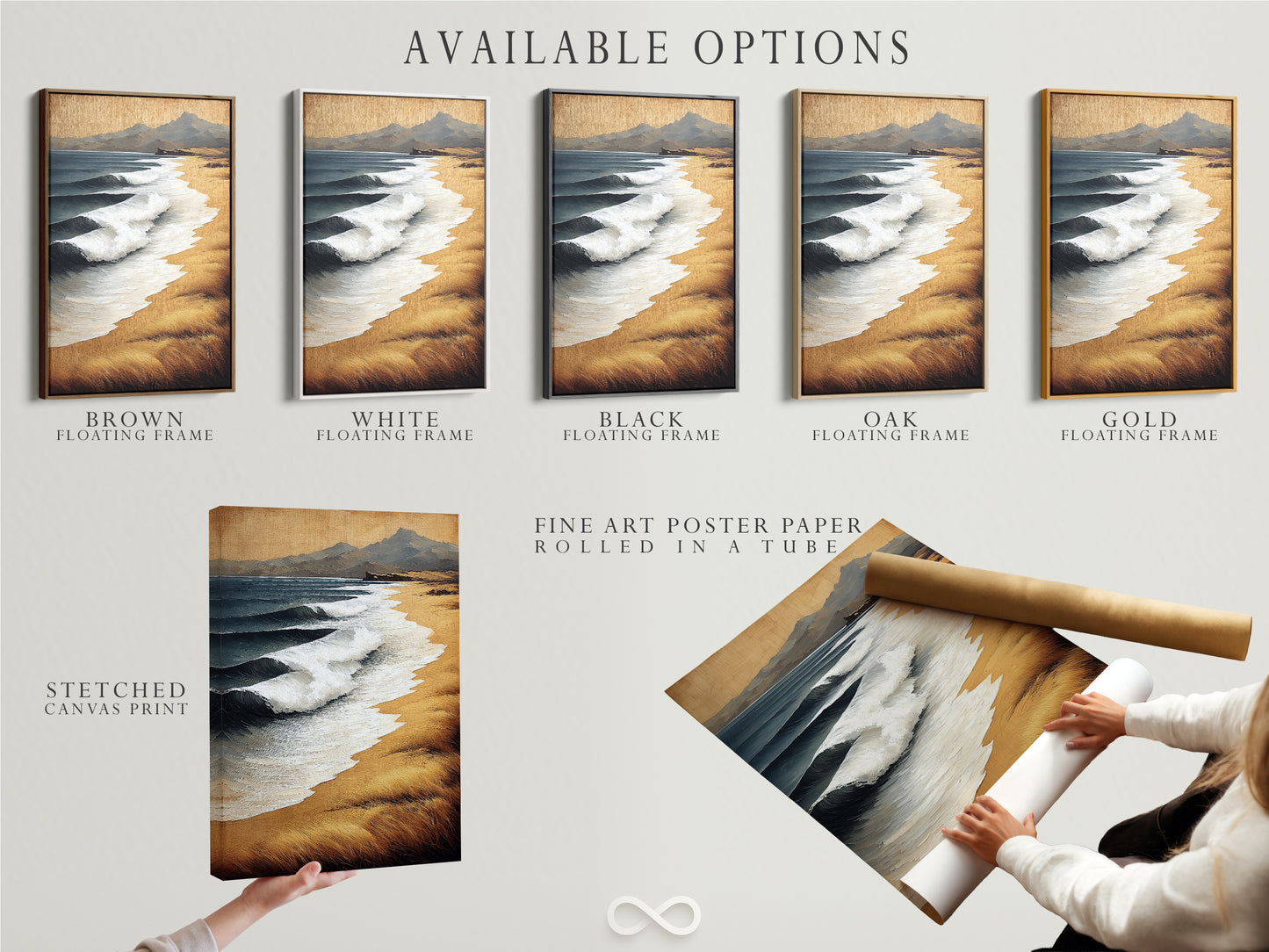 Discover the available options for our coastal artwork. Choose from stretched canvas prints fine art poster paper and floating frames. Customize your piece to match your style and decor. Each option offers a unique way to display the neutral tone seascape artwork. Create the perfect piece for your space.