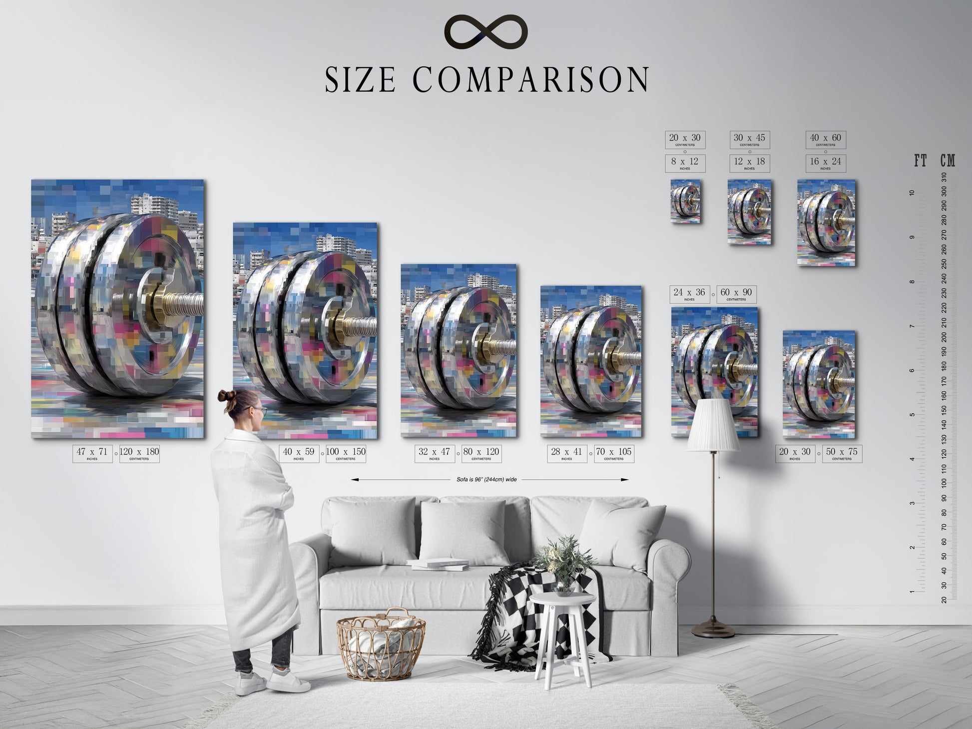 Check out the size comparison chart. See how the artwork fits in various spaces. The modern mechanical print is perfect for any room. The digital pixel canvas enhances your fitness room decor. Find the right size for your wall.
