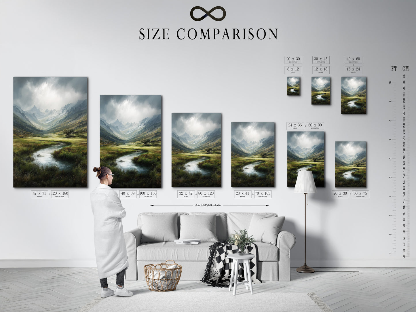 A size comparison chart is displayed in an interior setting. This chart helps visualize artwork dimensions. See how different sizes fit within a room. Perfect for choosing the right size for your space. This size comparison chart aids in making informed decisions.