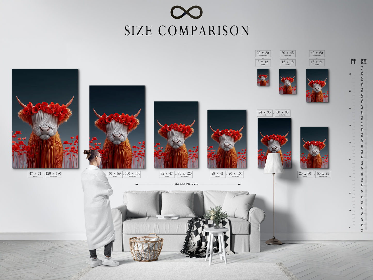 A size comparison chart shows the Highland Cow artwork in an interior setting. See how different sizes of this floral cow print fit in your space. Find the perfect size for your dining room decor or living room wall art