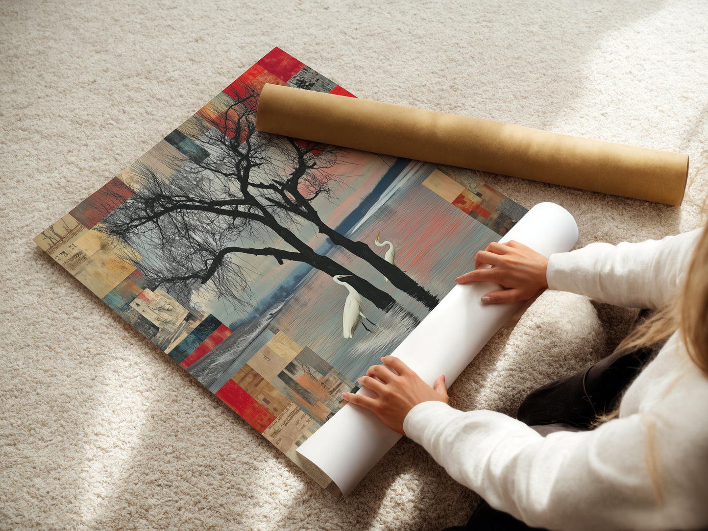 Woman carefully rolling a fine art poster paper of Crane Bird Abstract Lake artwork. This nature-inspired print is perfect for adding a serene touch to any space. Ideal for art collectors and those seeking calming art.