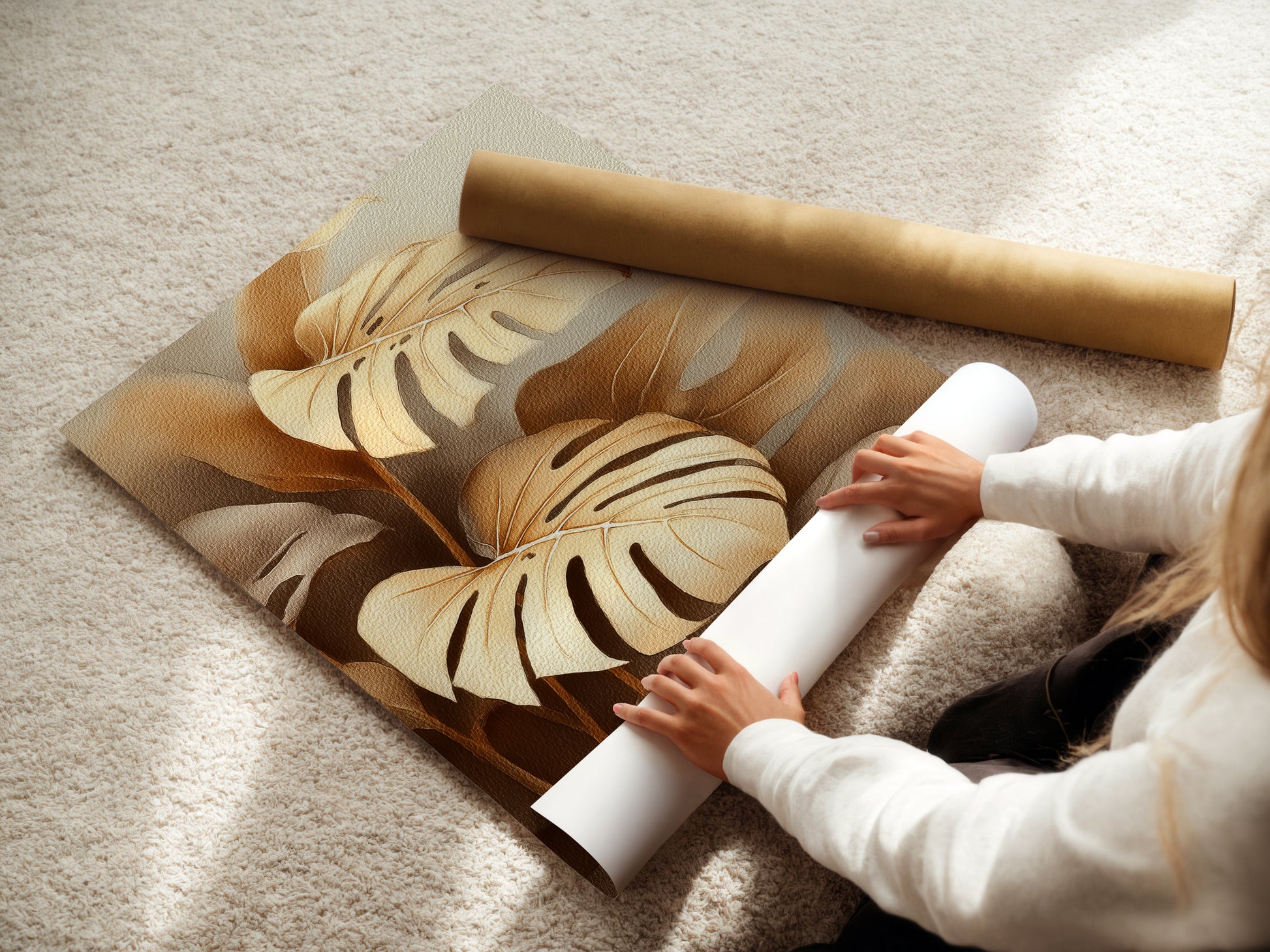 A woman is carefully rolling a fine art poster paper. This showcases the quality and care in handling. The monstera art is ready for framing or display. The botanical print is perfect for any art lover. The tropical wall art brings nature indoors.
