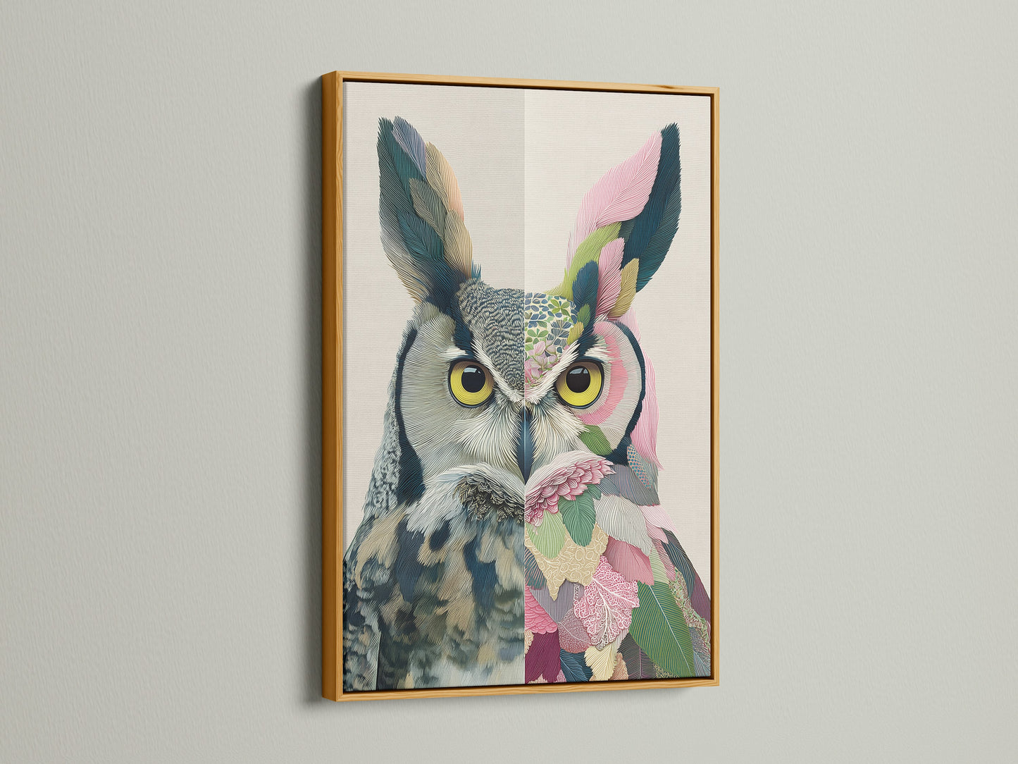The colorful owl artwork is displayed in a luxurious gold frame. This whimsical animal art adds elegance to your walls. The gold frame complements the artwork's botanical details. A great gift.