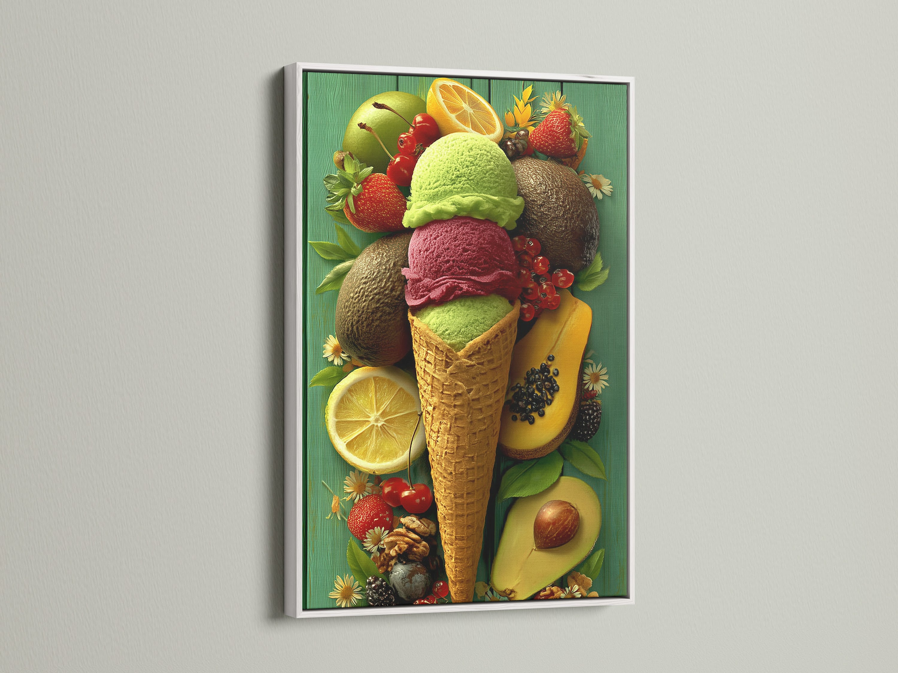Brighten your walls with a white framed art print. The print features a whimsical ice cream cone. It is paired with various fruits. The clean white frame enhances the artwork's colors. Perfect for modern interiors. Add a touch of sweetness to your space.