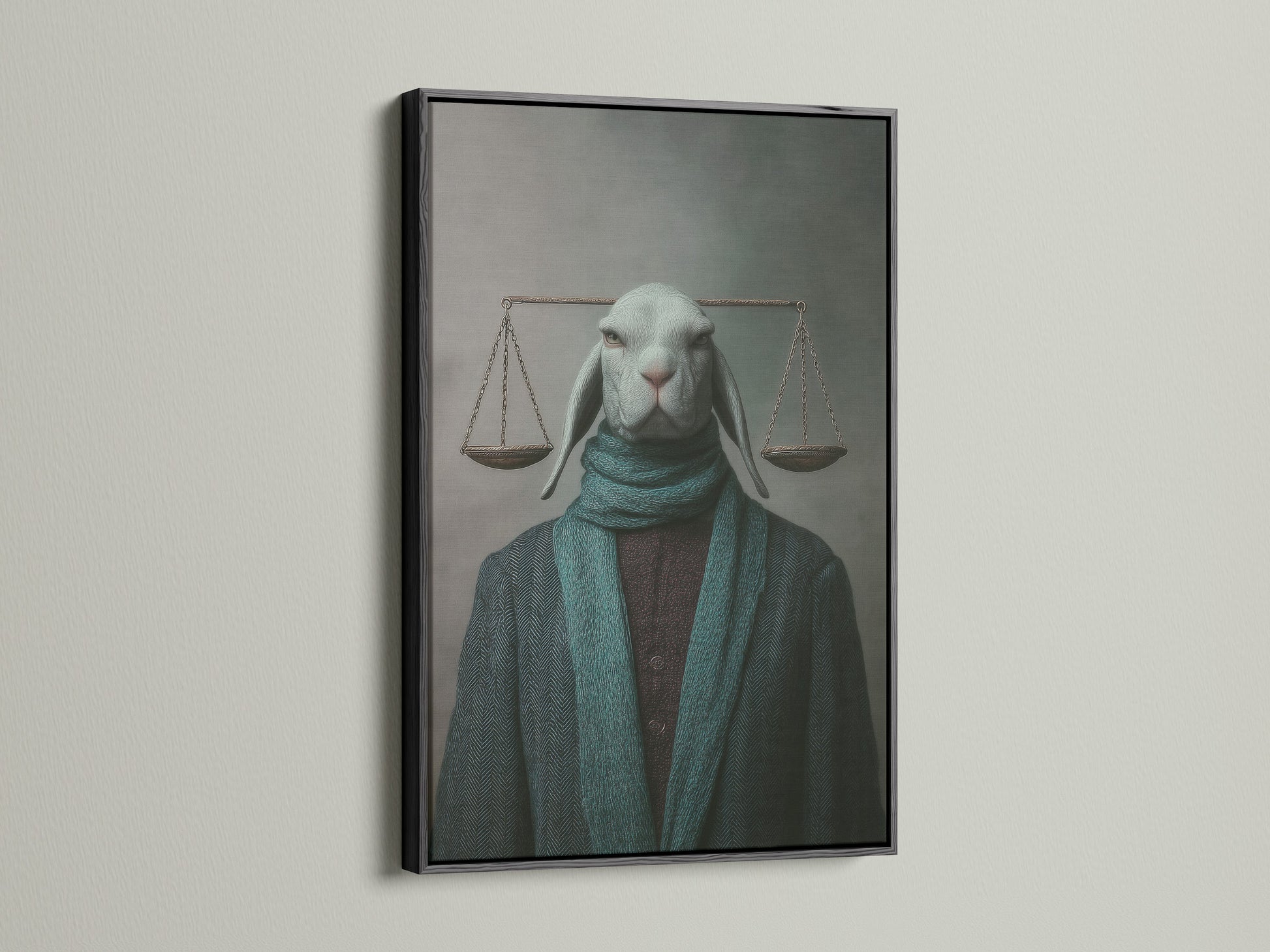 The Justice Rabbit artwork is presented in a black frame. This contrasts beautifully with the animal portrait. The black frame adds a modern touch to this quirky legal art. Enhance your office wall decor today.