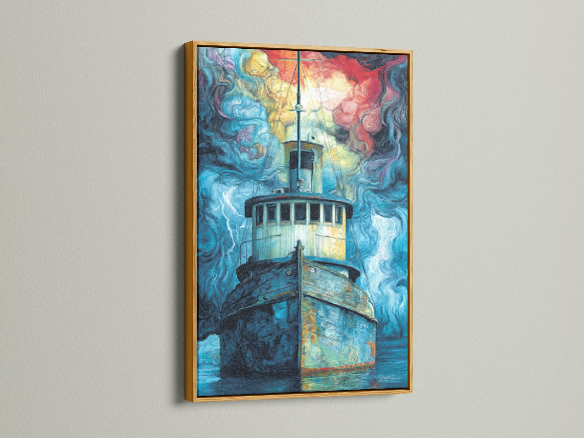 Fishing Boat artwork in a gold frame. View our range of ocean art prints. This stormy seascape artwork adds a touch of sophistication. The boat wall art is a timeless classic. The art is great for nautical industrial or eclectic styles. Navy blue and red art adds a pop of color to your decor.