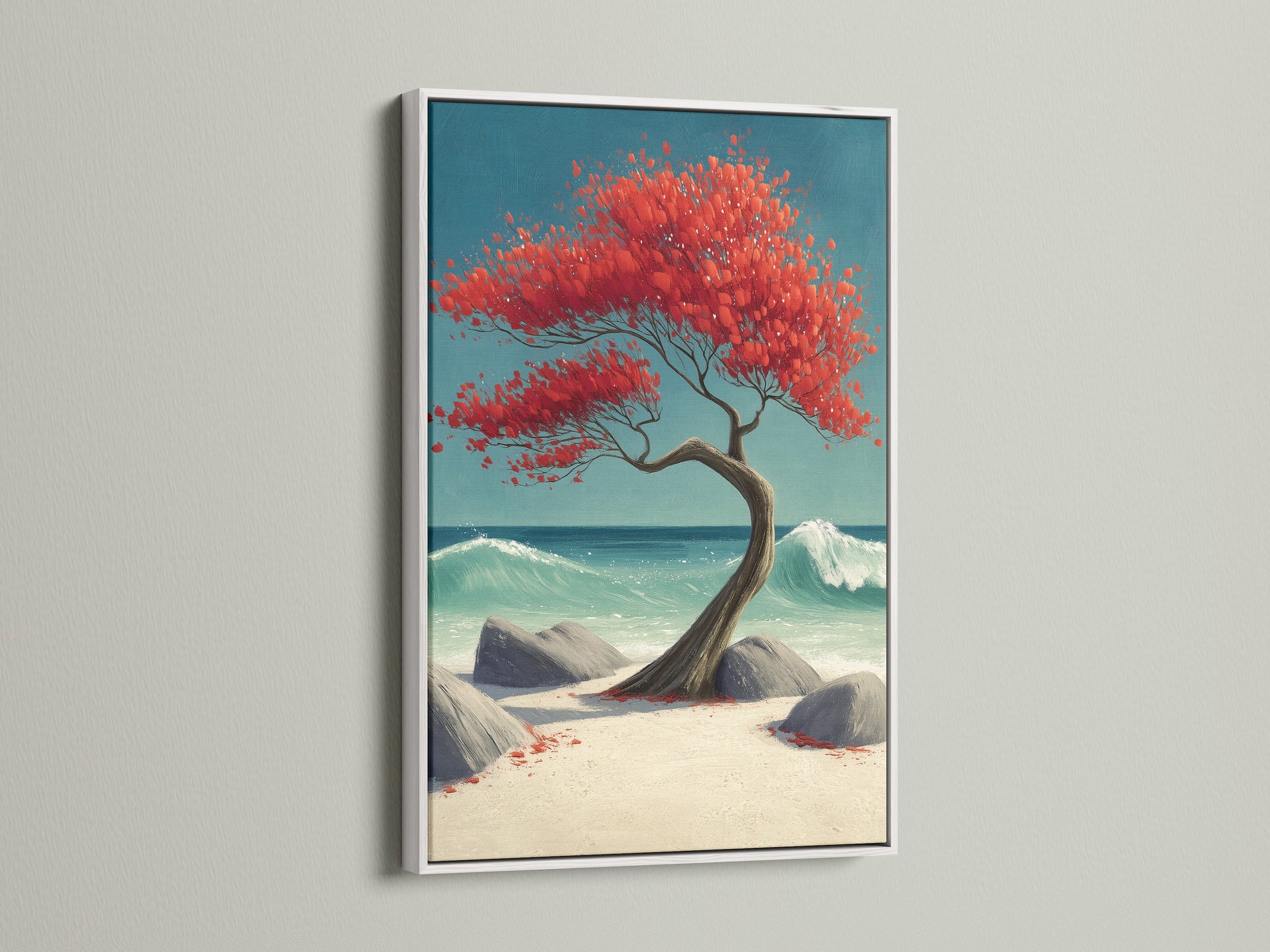 Coastal Tree Canvas Print with a white frame. The artwork depicts a red bonsai tree on a beach with turquoise ocean waves. A great choice for creating a calming atmosphere. Add this turquoise wall art to your beach house.