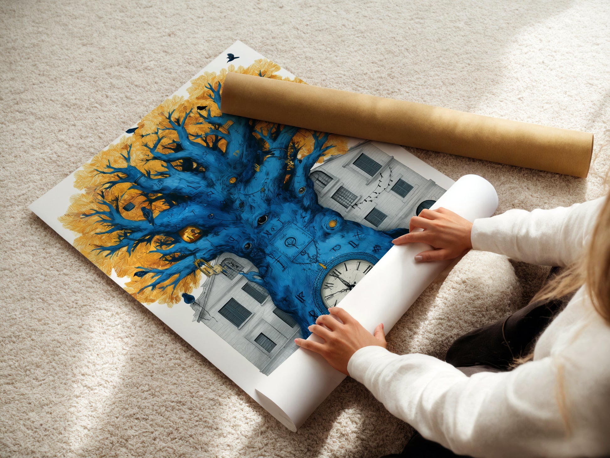 A woman is carefully rolling a fine art poster paper of the Surreal Clock Tree artwork. This surrealist print features a blue tree with a clock at its base and golden leaves. It's a unique piece perfect for eclectic wall art. Ideal for readers and creative professionals.