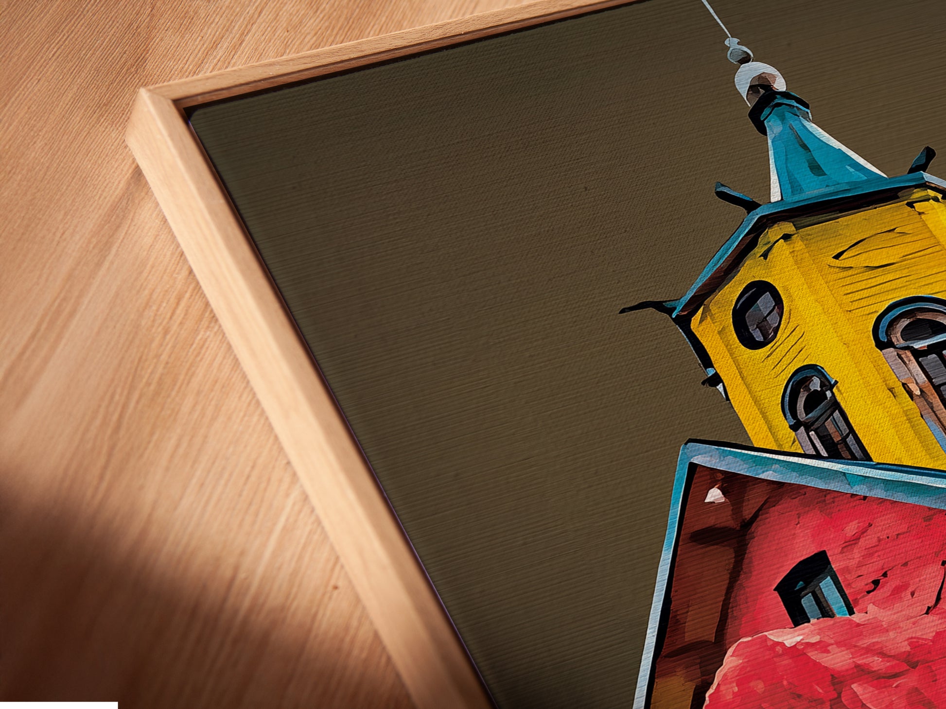 Angled close-up of a canvas print in a floating frame. Showcasing a sushi artwork piece. A modern touch for kitchen wall decor and dining areas. Ideal for foodies seeking unique Japanese food art and colorful artwork.