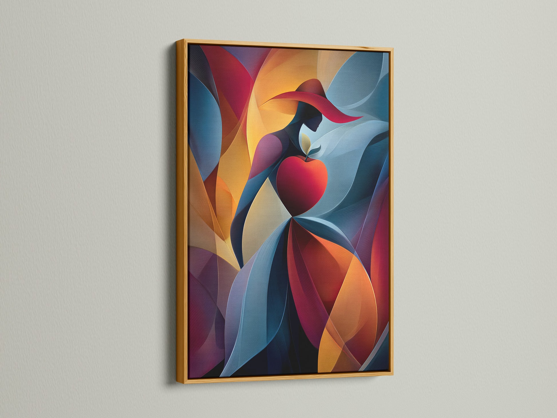 A gold frame displays an abstract artwork. The artwork features a woman in a red hat holding a red apple. The artwork is displayed on a white wall. Gold frames add a touch of elegance to any artwork.