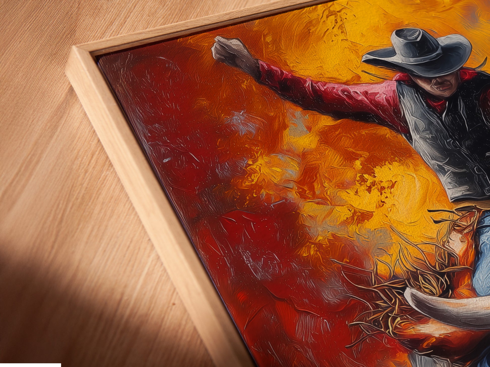 Close-up angled view of a canvas print. The canvas print is set in a floating frame. Floating frames create a modern gallery-like display. The artwork seems to float within the frame. Explore our range of floating frames for a unique look