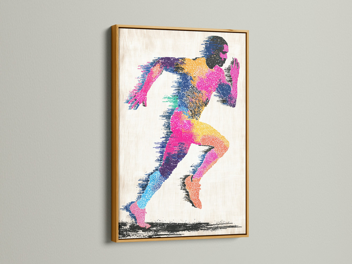 Artwork is presented in a gold frame. The art features a colorful abstract figure of a runner. The runner is shown in motion. The gold frame adds a touch of luxury and elegance. It enhances the artwork's visual impact and charm.