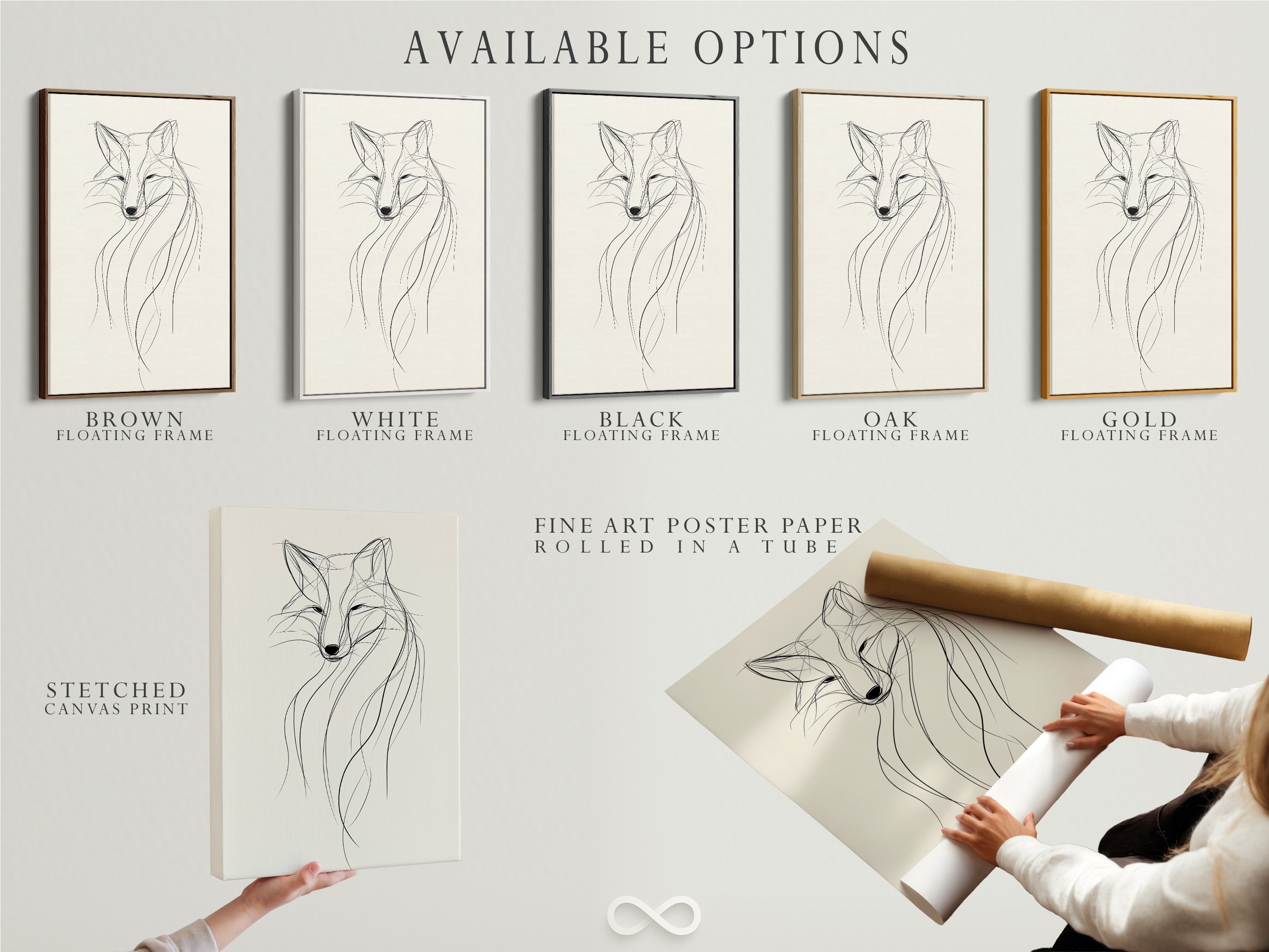 Available options are showcased: stretched canvas print fine art poster paper and floating frame. Minimalist fox line artwork is adaptable. This modern wildlife art suits any style. Select the perfect format for your home. Enhance your decor with this versatile artwork.