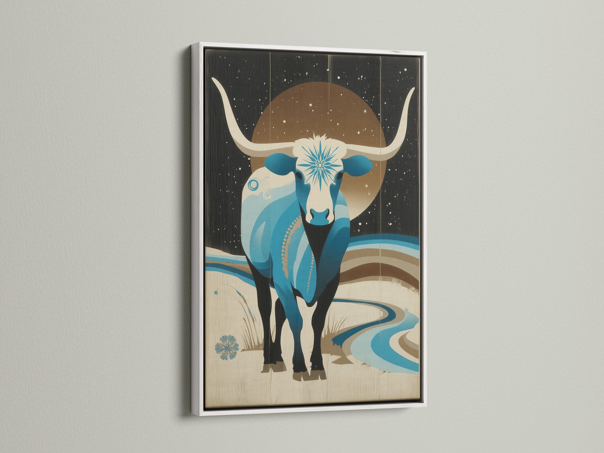 Celestial Bull artwork with a white frame. This zodiac canvas print adds a spiritual touch. The mystical artwork complements celestial decor. It's ideal for boho bedroom art. This astrology wall art can transform any room.