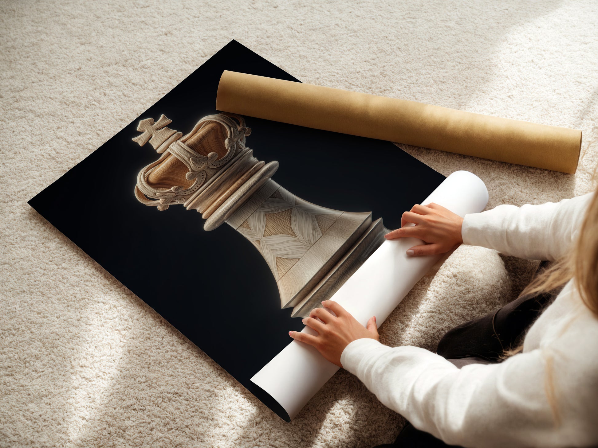 A woman is carefully rolling a fine art poster paper. She ensures its pristine condition. The poster paper is of high quality. It preserves the integrity and beauty of the artwork for future display.