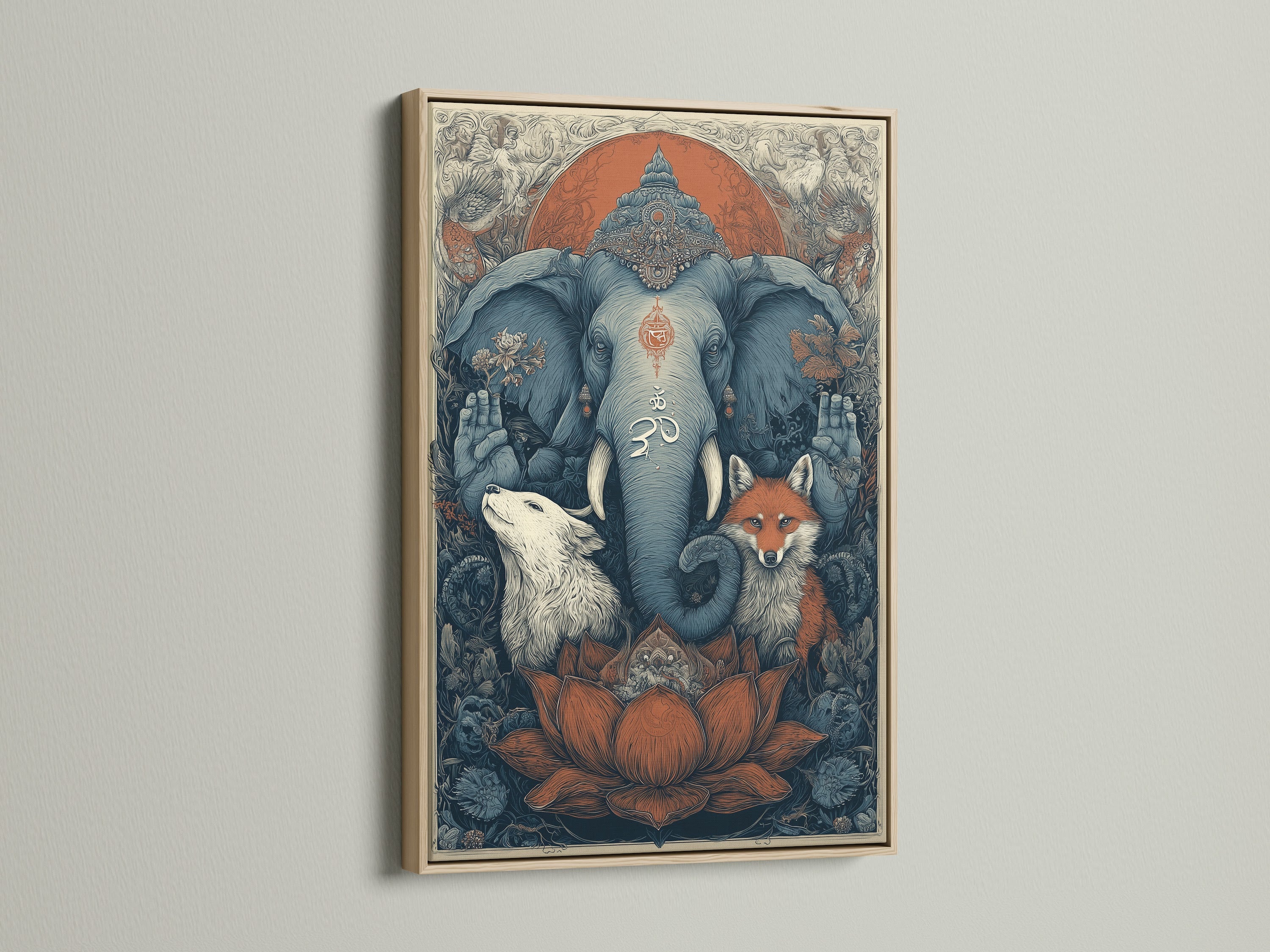 A spiritual art print with an oak frame. The sacred animals art features an elephant a wolf and a fox. Perfect bohemian wall decor for a meditation room. The Om symbol print adds a zen touch. This mystical artwork elevates minimalist Scandinavian or eclectic styles.