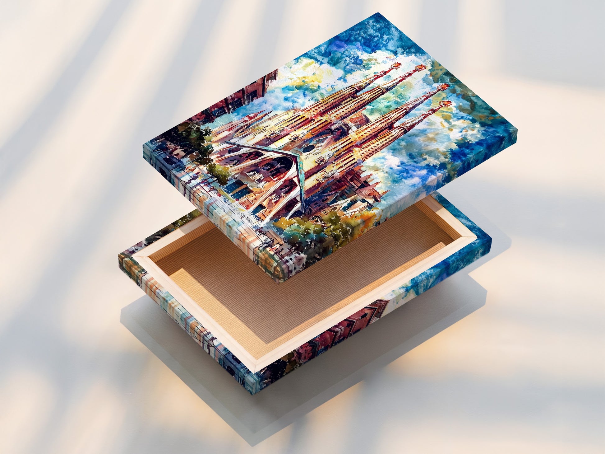 A stretched Sagrada Familia canvas print. This Barcelona wall art is a stunning gothic cathedral. Perfect for adding architectural artwork to your home. Ready to hang artwork. Enhance your space today.