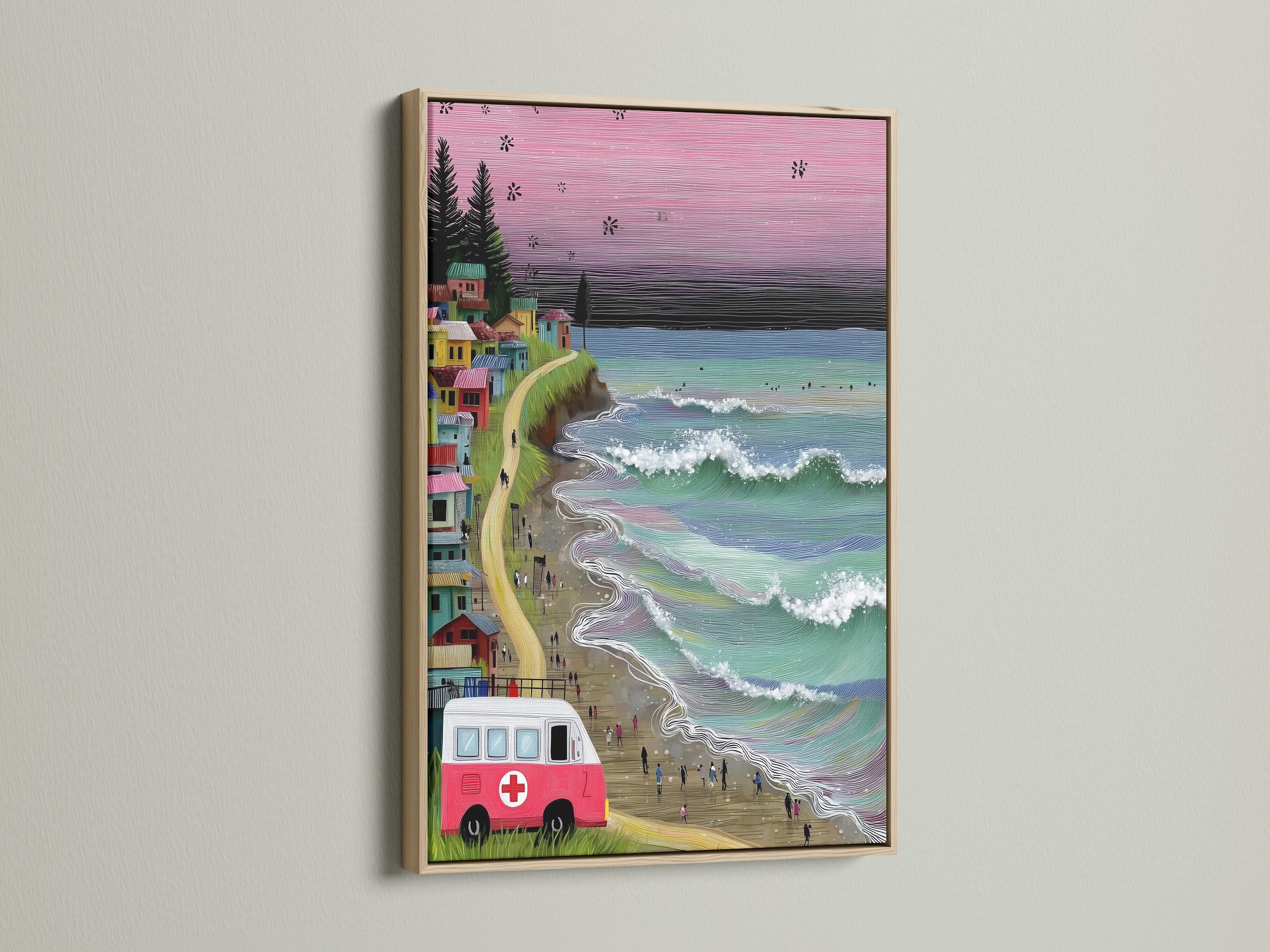 Coastal village art print in an oak frame. This beach wall art features a vintage van and calming ocean waves. The artwork brings a whimsical seaside vibe. Ideal for boho beach decor. Perfect for living room wall art.