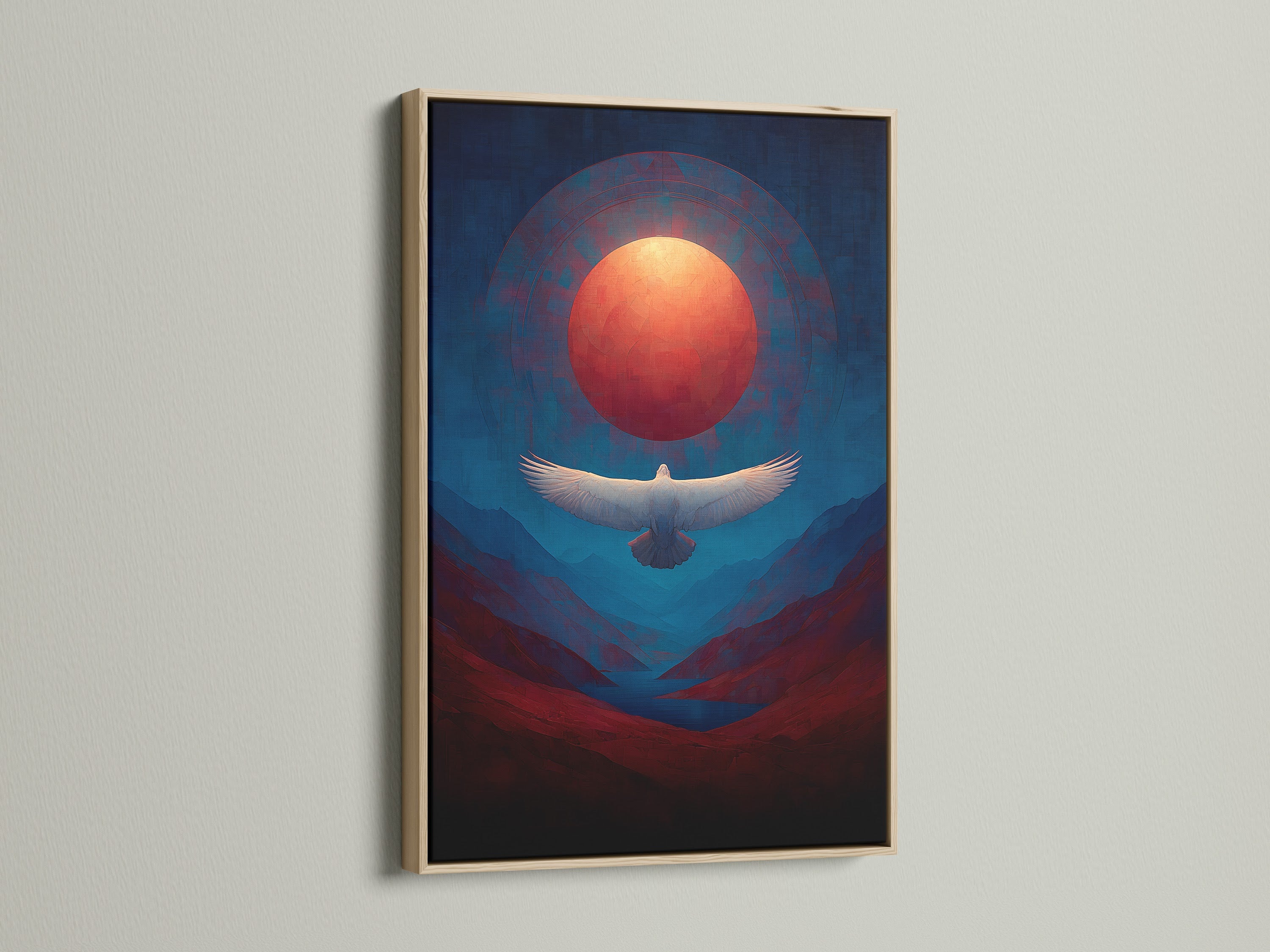 Elevate your space with eagle wall art in an oak frame. The spiritual canvas depicts a sunset mountain scene. The artwork features a flying bird against a red sun. Add this nature canvas print to your living room. It is ideal for modern and nature-inspired styles