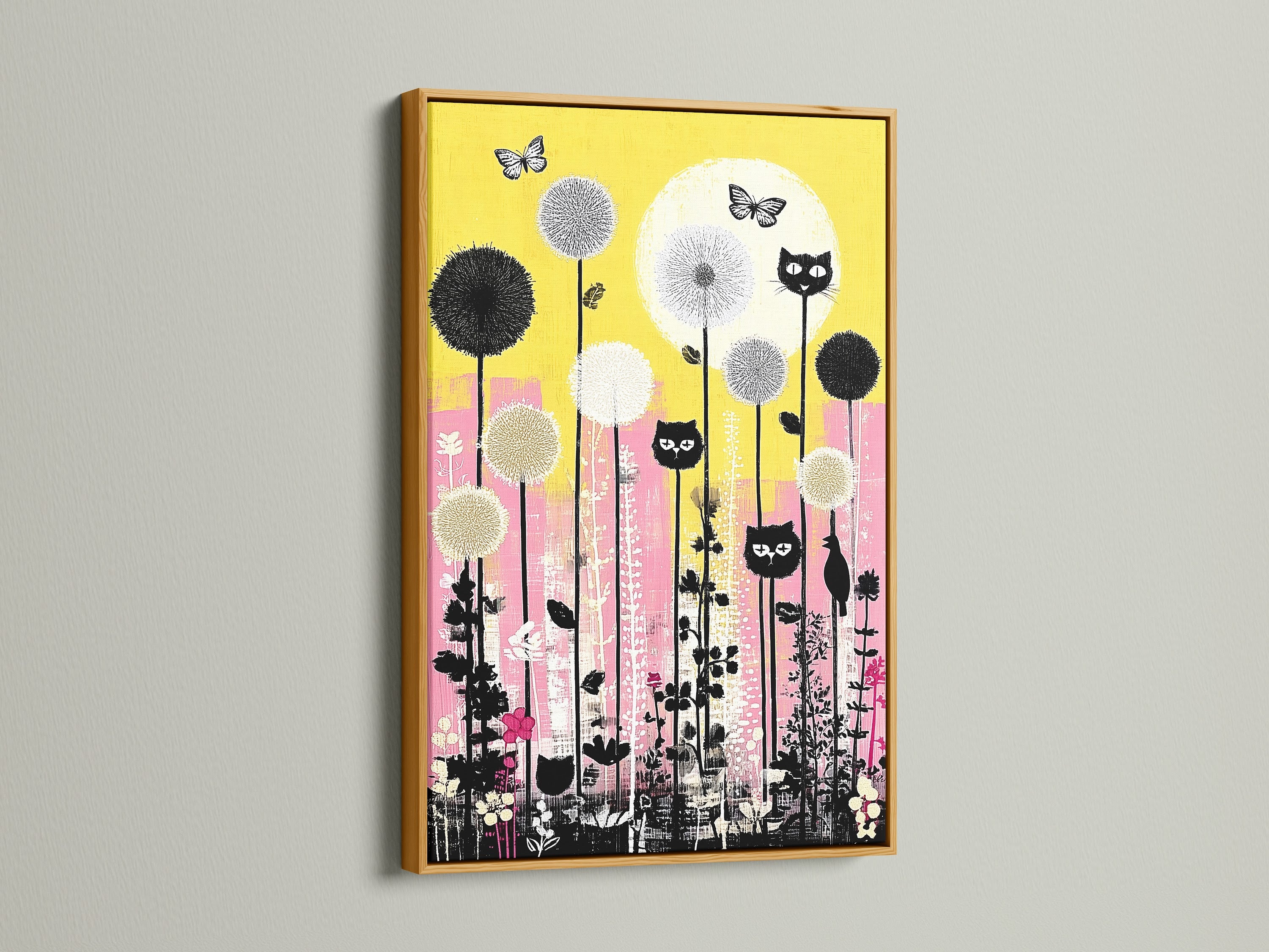 The cat garden artwork is displayed in a gold frame which adds a touch of luxury. The playful feline poster features yellow and pink floral elements. Perfect for kids room decor and nursery wall art. The gold frame elevates the artwork's aesthetic.