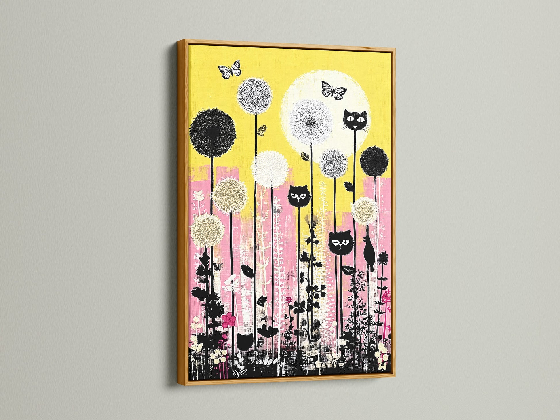The cat garden artwork is displayed in a gold frame which adds a touch of luxury. The playful feline poster features yellow and pink floral elements. Perfect for kids room decor and nursery wall art. The gold frame elevates the artwork's aesthetic.
