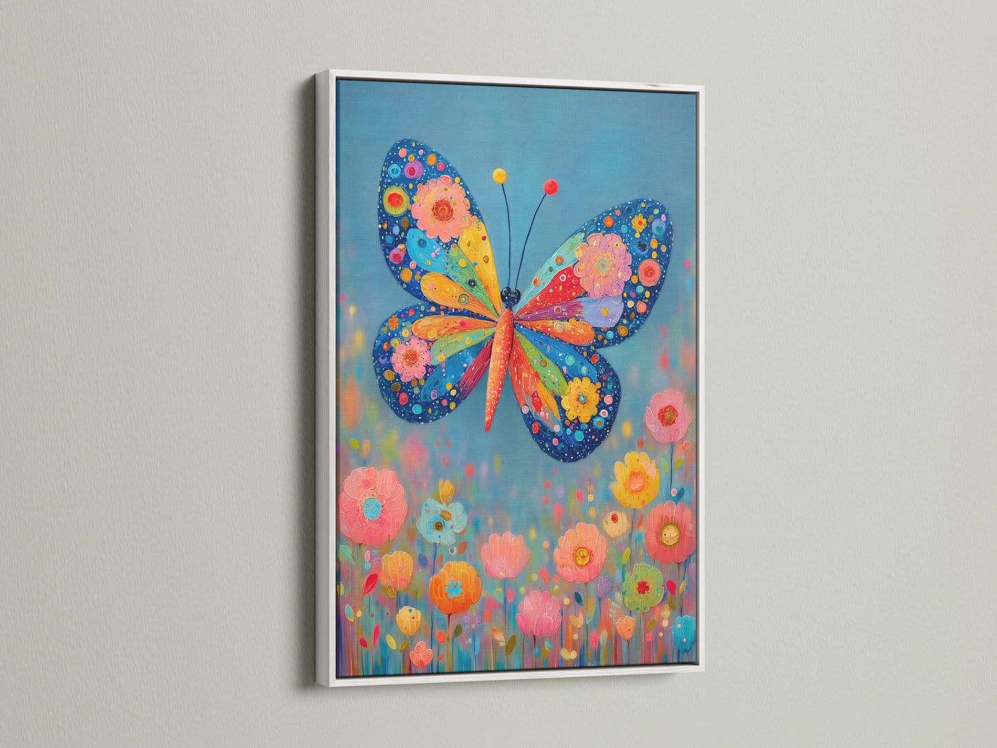 Butterfly Canvas Print in a white frame. The colorful floral artwork adds a playful touch. It is perfect as nursery wall art. The whimsical art brings a vibrant feel to any room.