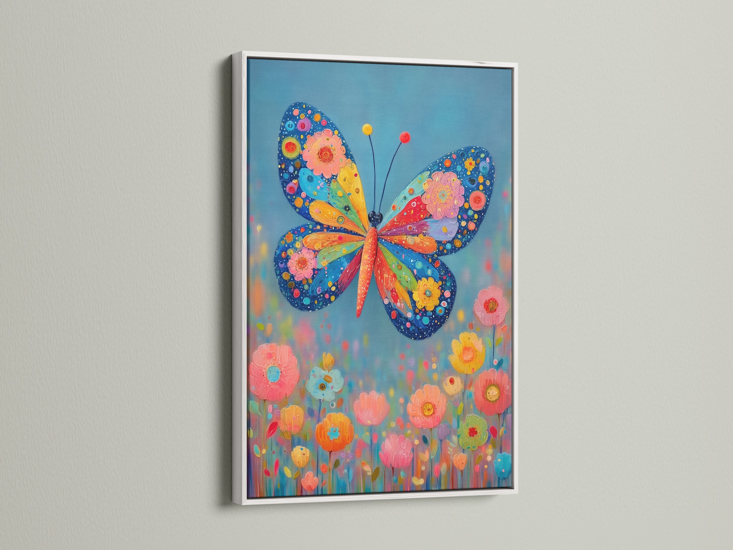Butterfly Canvas Print in a white frame. The colorful floral artwork adds a playful touch. It is perfect as nursery wall art. The whimsical art brings a vibrant feel to any room.