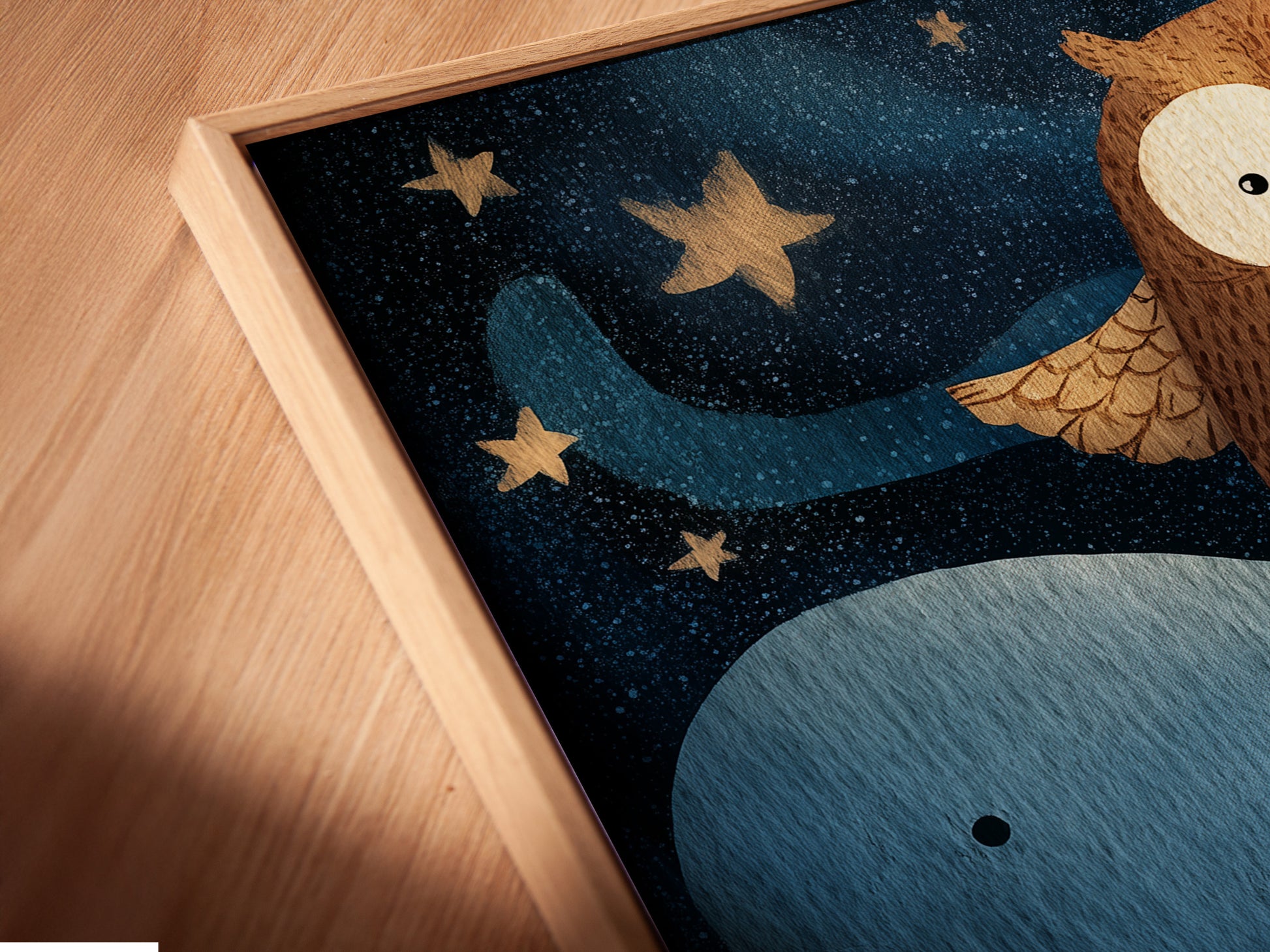 A close-up angled shot shows a canvas print in a floating frame. The frame enhances the artwork without distraction. This modern framing style creates a gallery-like feel. The print appears to float adding depth and sophistication to any space. A sleek and stylish choice.